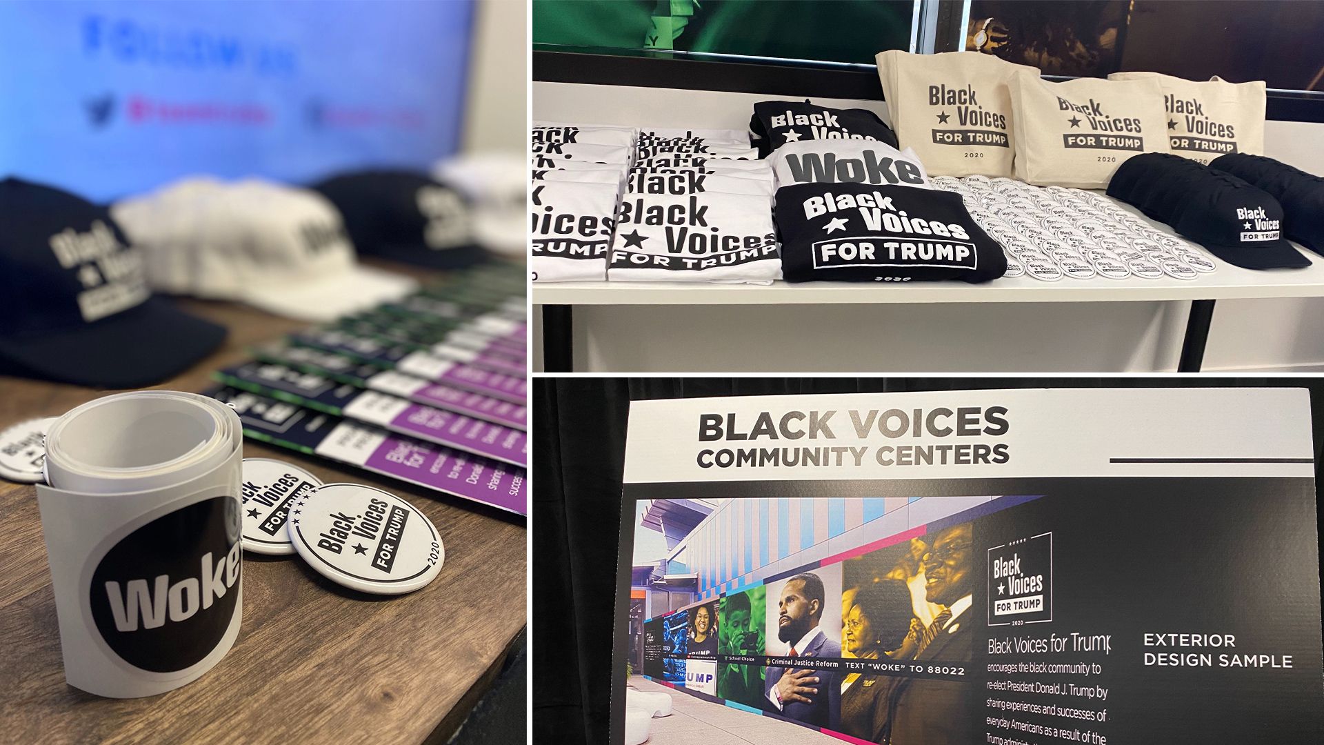 A photo collage of Black Voices for Trump swag and a poster board of the coming community centers.