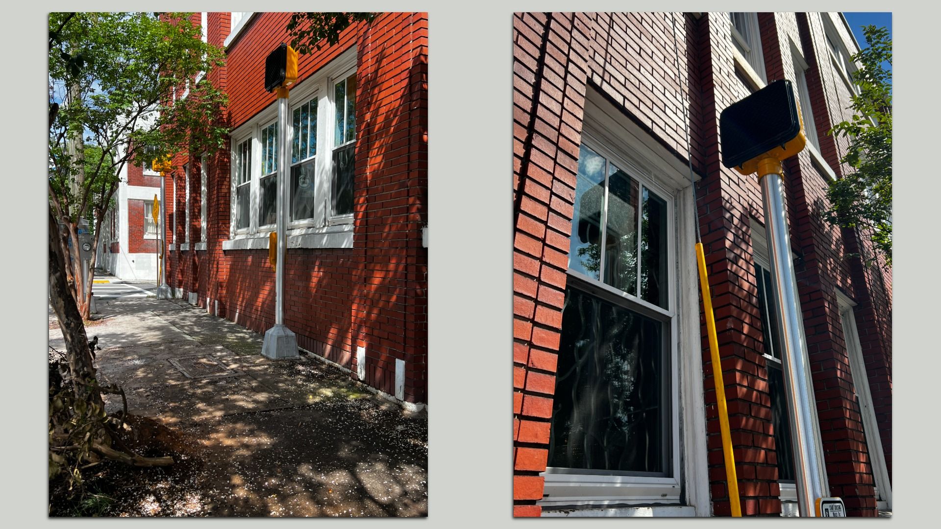 Two-panel street scene of red brick buildings with white-trimmed windows along a sunny sidewalk. A yellow crosswalk signal on a silver pole stands by a tree; the right panel zooms in on the signal.