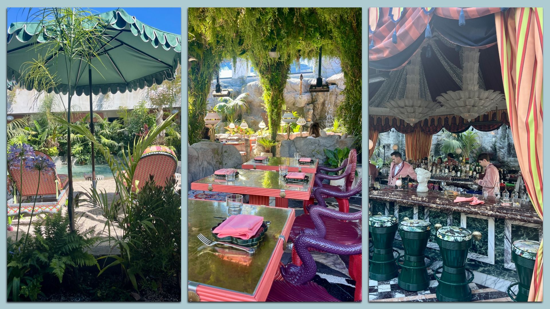 Three side by side photos of a tropical restaurant: left shows a green umbrella and poolside lounge; center features a leafy arch and stone seating with pink and purple chairs; right shows a green and white marble bar with striped drapes and staff in pink velvet jackets.