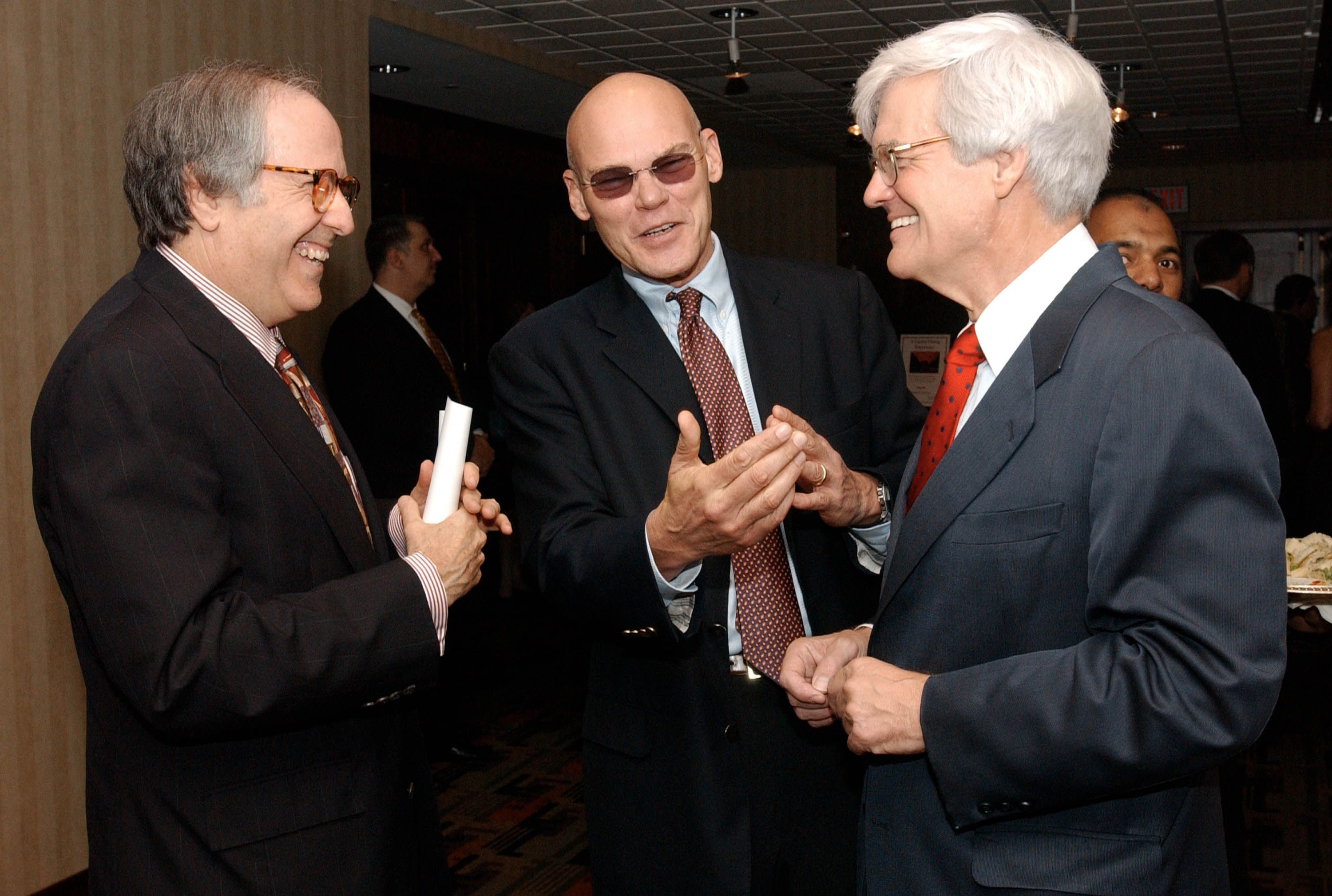Attorney Robert Barnett, James Carville and Al Hunt talk at a reception prior to the during the 15th Annual Roast for Spina Bifida, which honored "60 Minutes" Executive Producer Don Hewitt October 8, 2003 in Washington, DC. (Photo by Stephen J. Boitano/Getty Images)