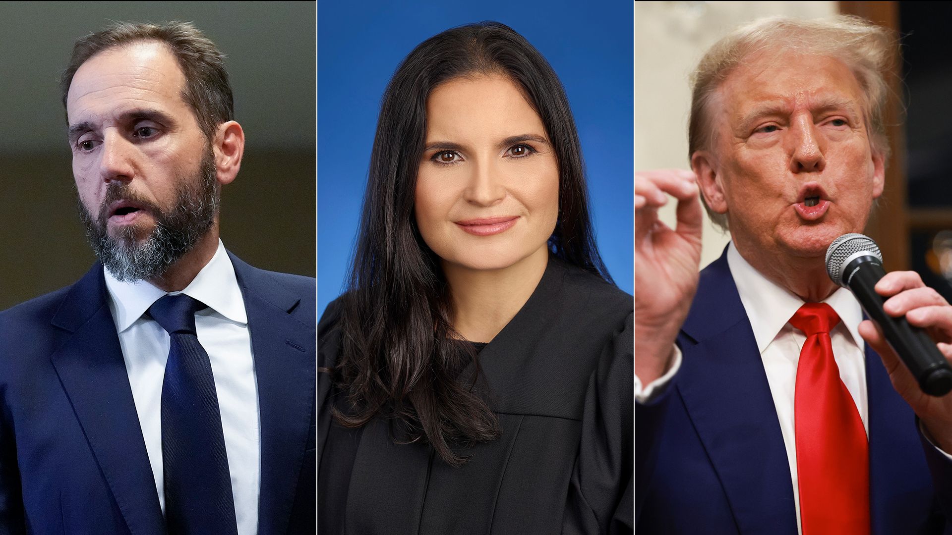 A collage of Jack Smith, Aileen Cannon and Donald Trump, from left to right. Jack Smith is wearing a dark suit and tie with a white shirt; Aileen Cannon is wearing an official robe with a blue background; Donald Trump is wearing a blue suit, red tie and white shirt and is holding a microphone. 