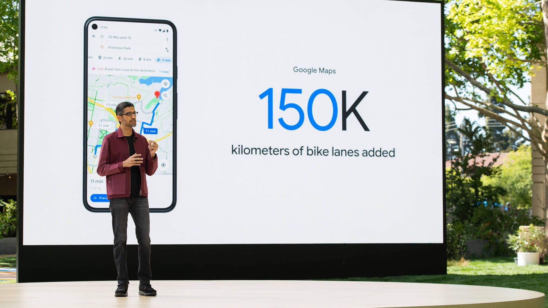 Google CEO Sundar Pichai, speaking at Google I/O 2021.