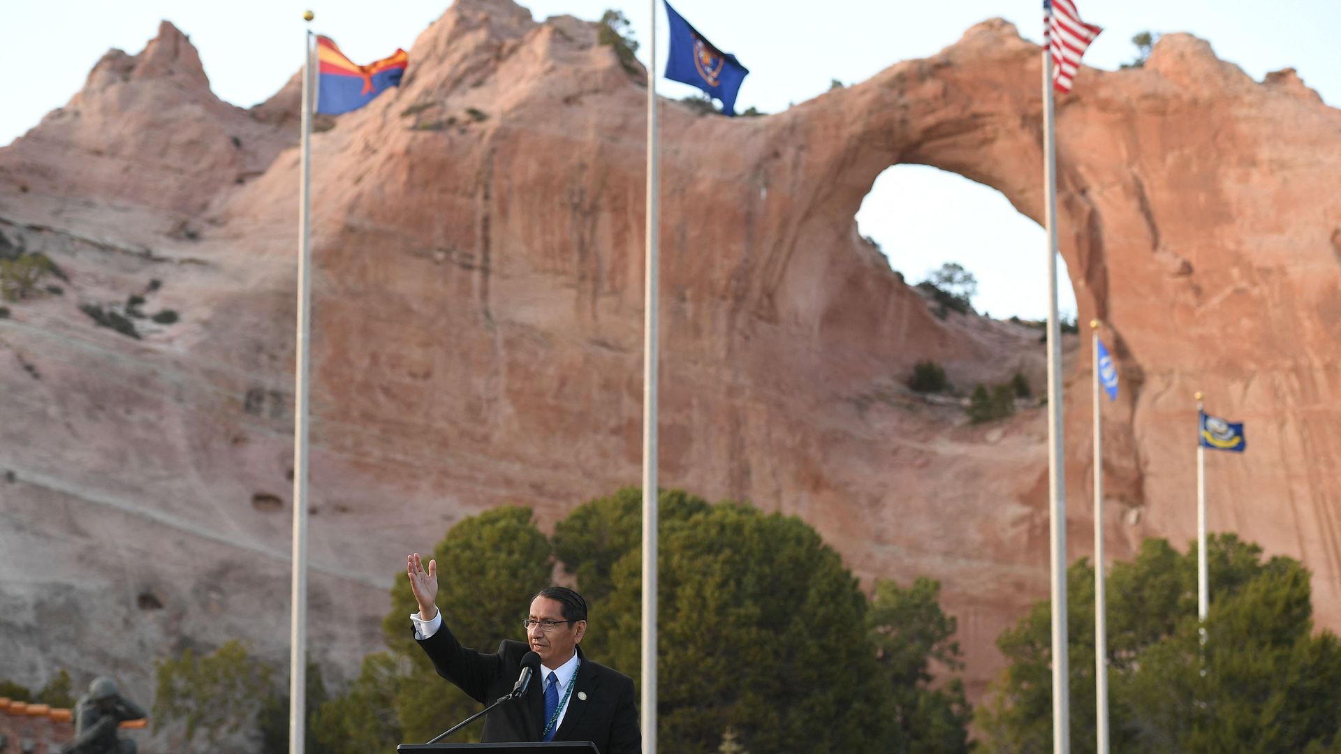 Navajo Nation President Jonathan Nez speaking at the Window Rock Navajo Tribal Park & Veterans Memorial in Window Rock, Arizona in April.