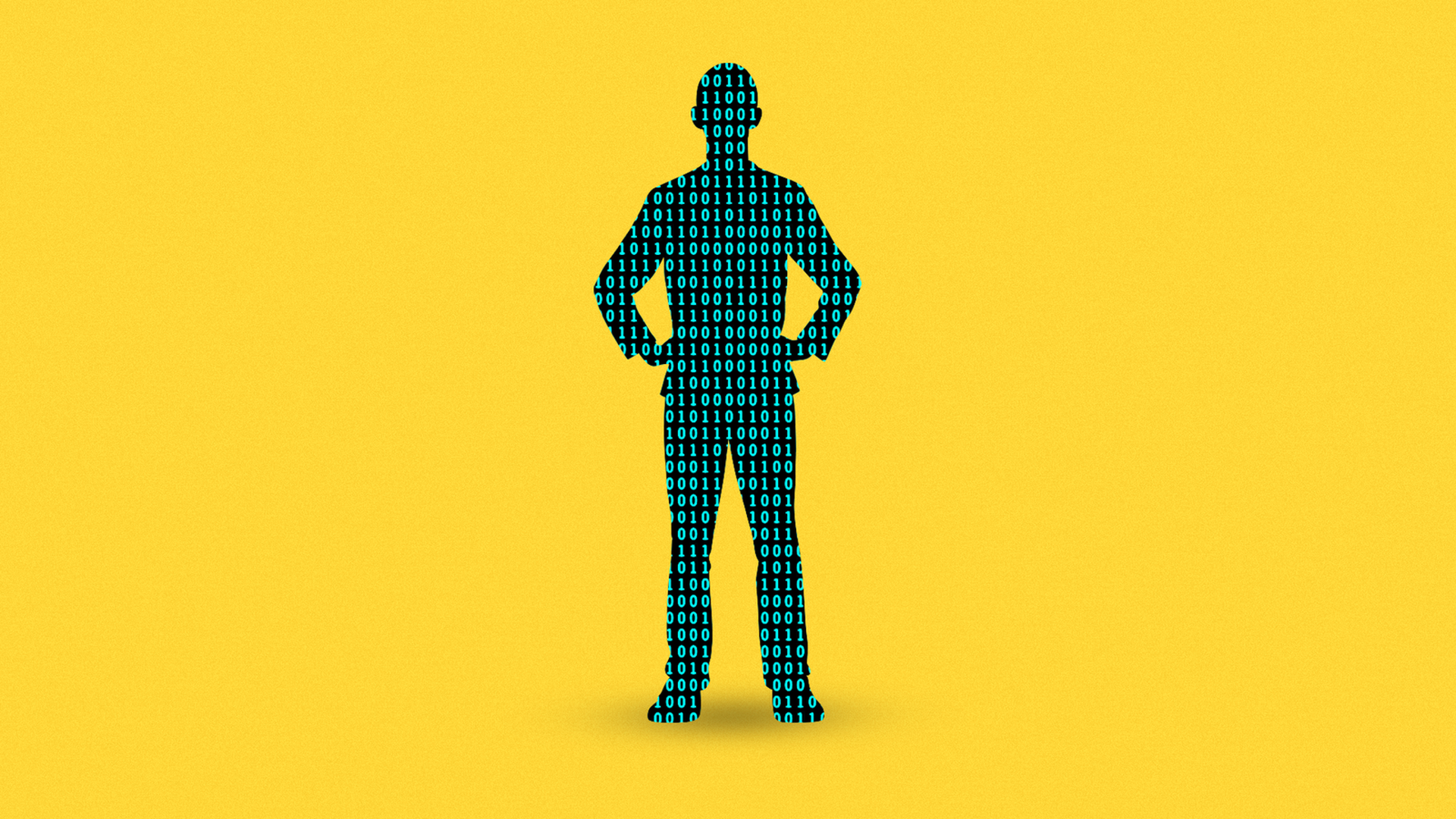 Illustration of a person's outline filled in with 1s and 0s, on a yellow background