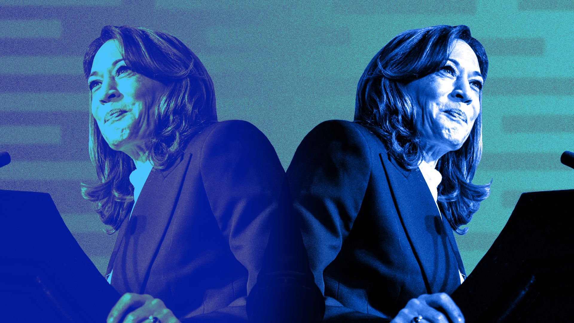 Photo illustration of Kamala Harris at a podium facing forward, and a reflected image of her facing back, over a pattern of rectangles.