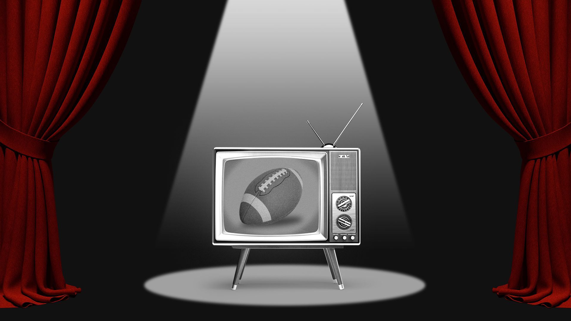 Illustration of a retro style TV showing a black and white image of a football on a curtained stage