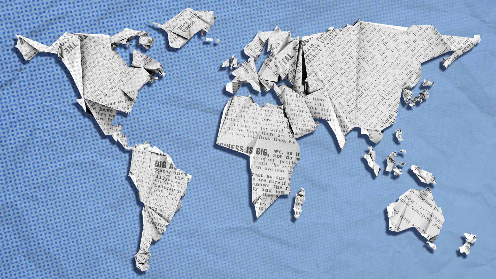 Illustration of a newspaper in the shape of a map of the world