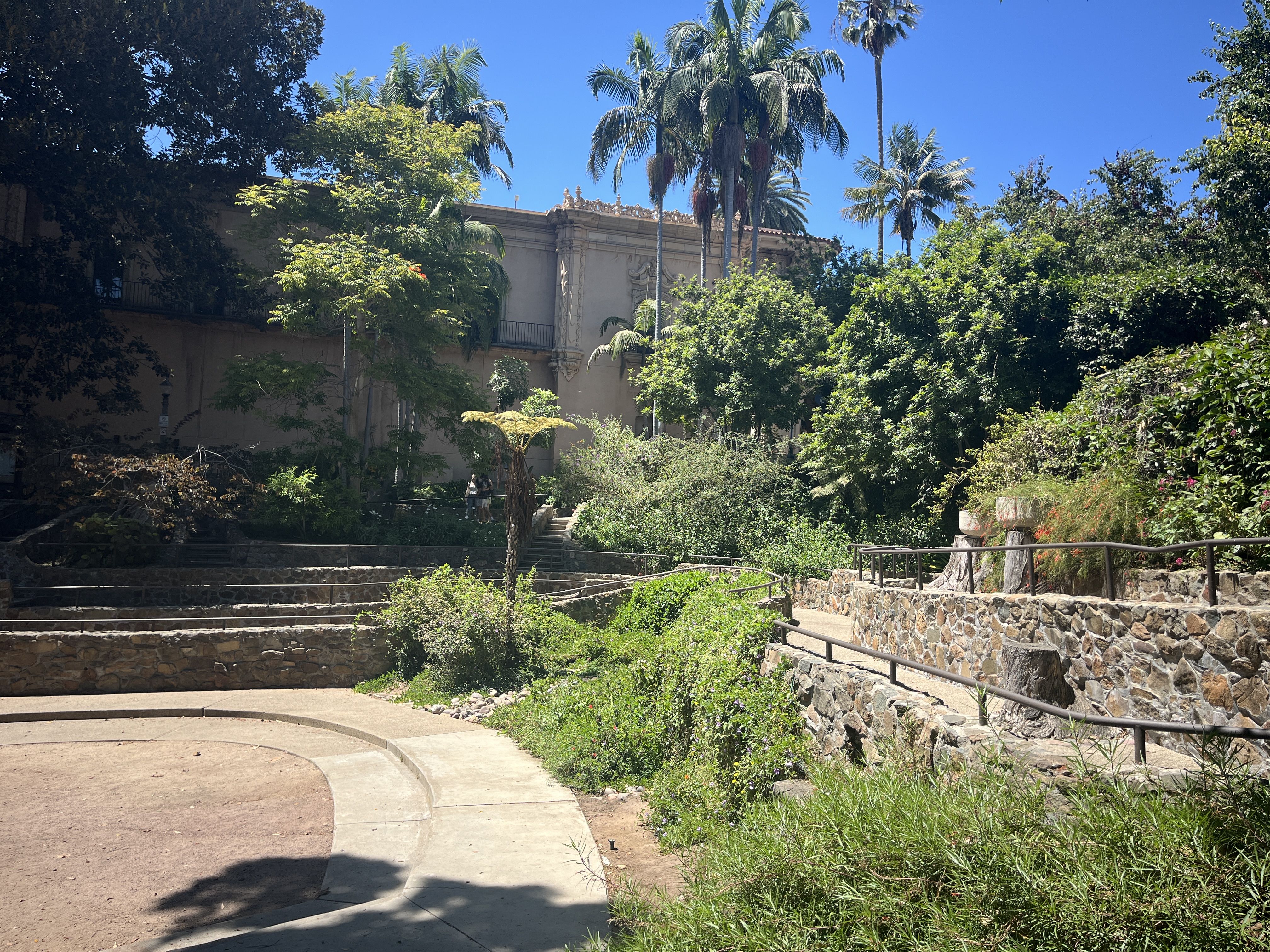 A sunken garden and stone grotto at Balboa Park in San Diego.