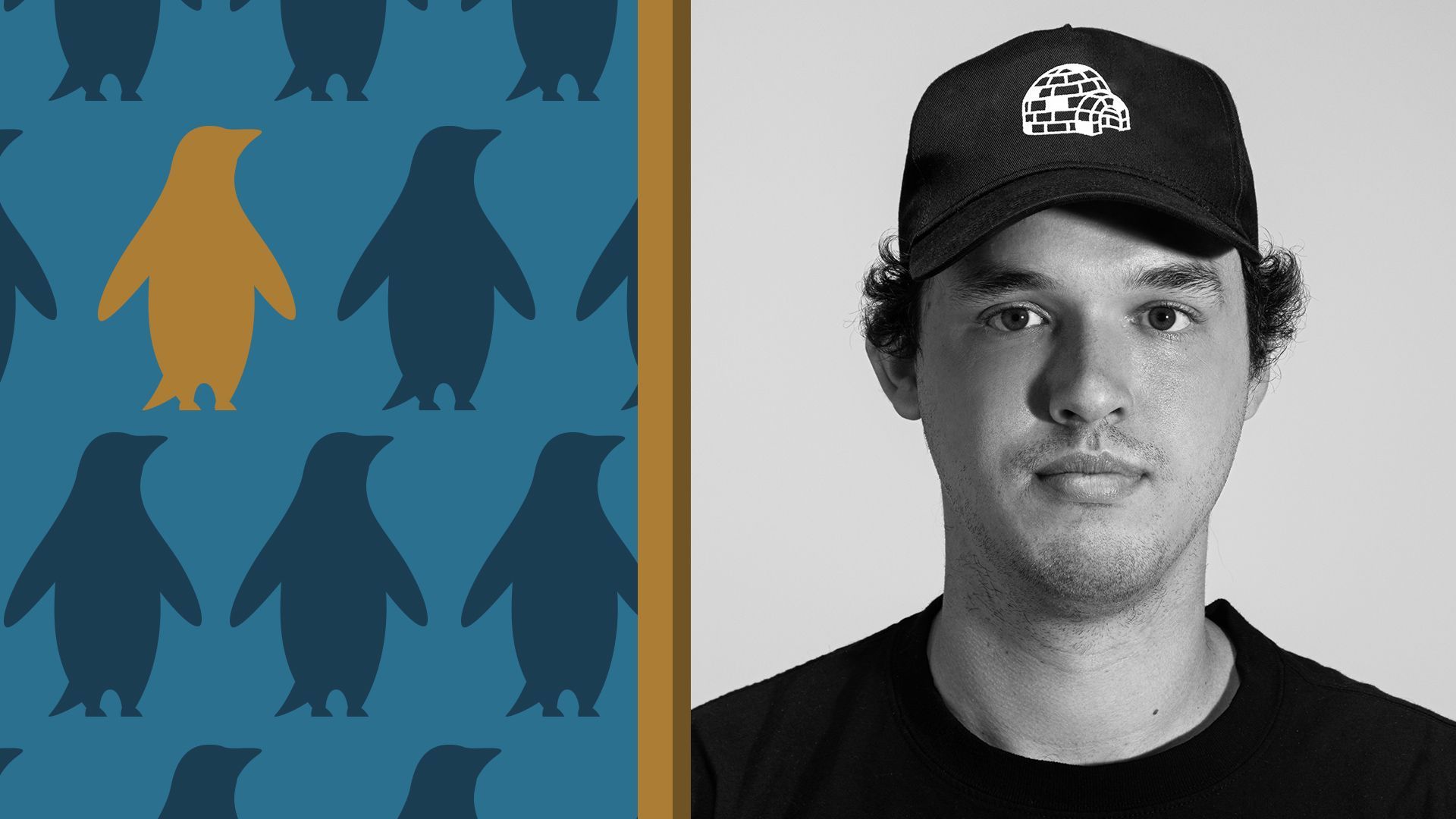 Photo illustration of Luca Netz surrounded by a repeating pattern of penguins, with one penguin in gold. 