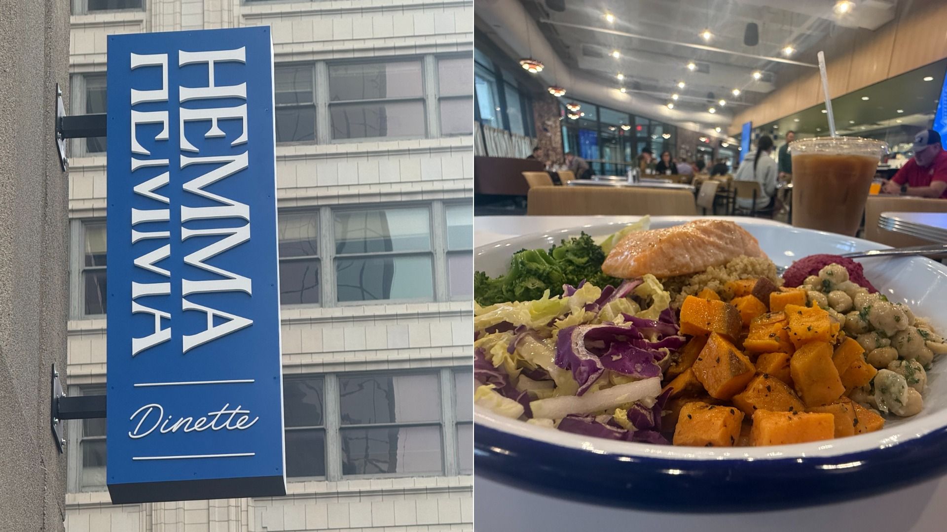 Blue sign reading "Hemma Hemma Dinette" on a building; plate of salmon, broccoli, purple cabbage, chickpeas, roasted carrots, and iced coffee in a brightly lit restaurant.