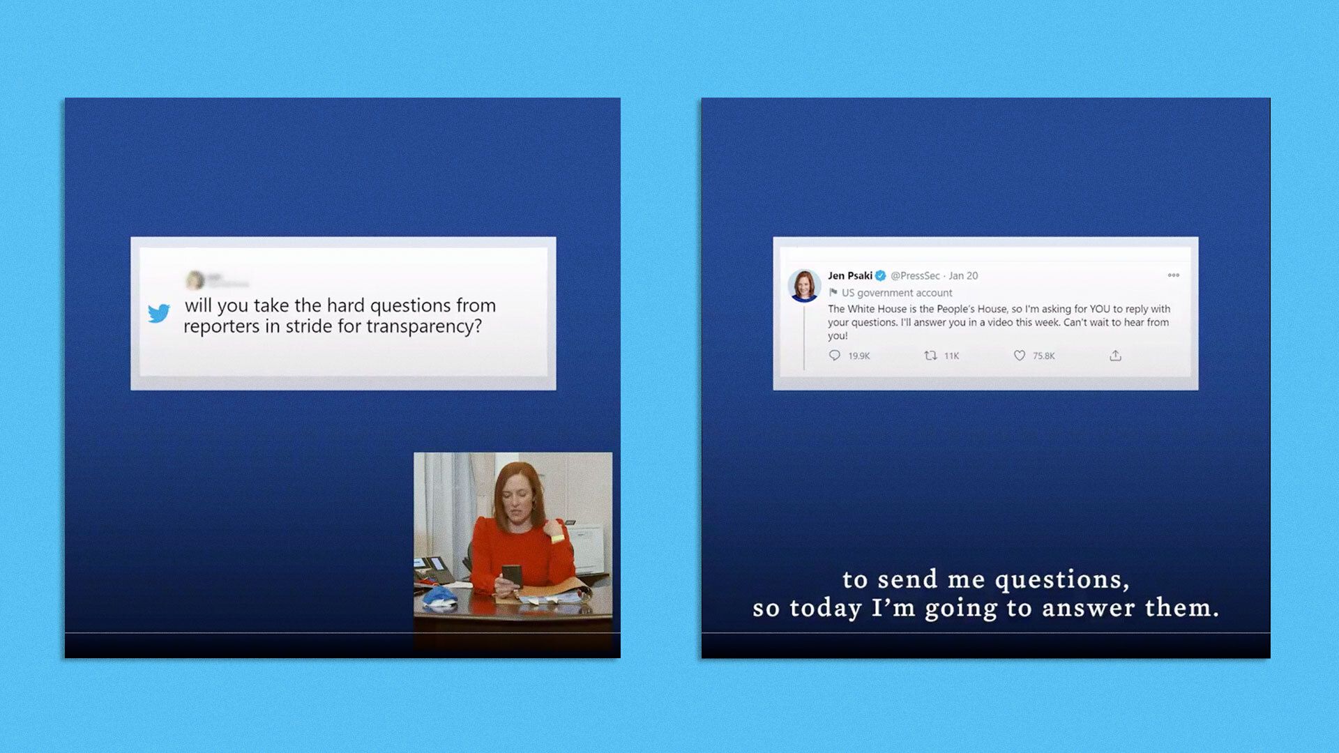 White House Press Secretary Jen Psaki is seen answering public questions via Twitter.