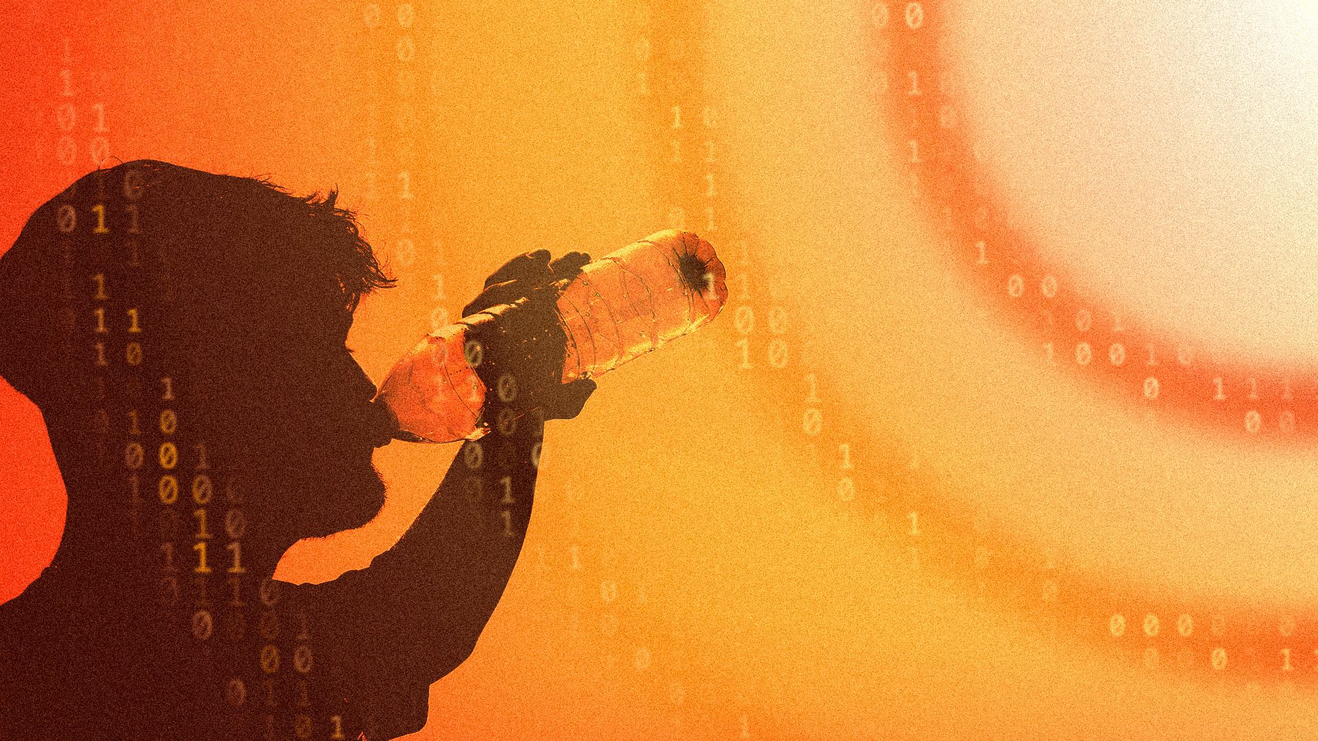 Photo illustration of a collage featuring the silhouette of a man drinking from a bottle of water, with a stylized sun of concentric circles shining down, and a pattern of binary code behind that.