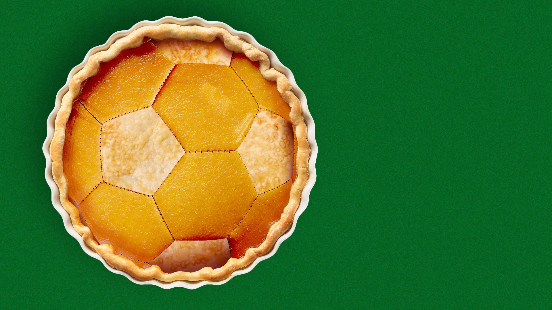 Illustration of a pumpkin pie with stitching and dough resembling a soccer ball