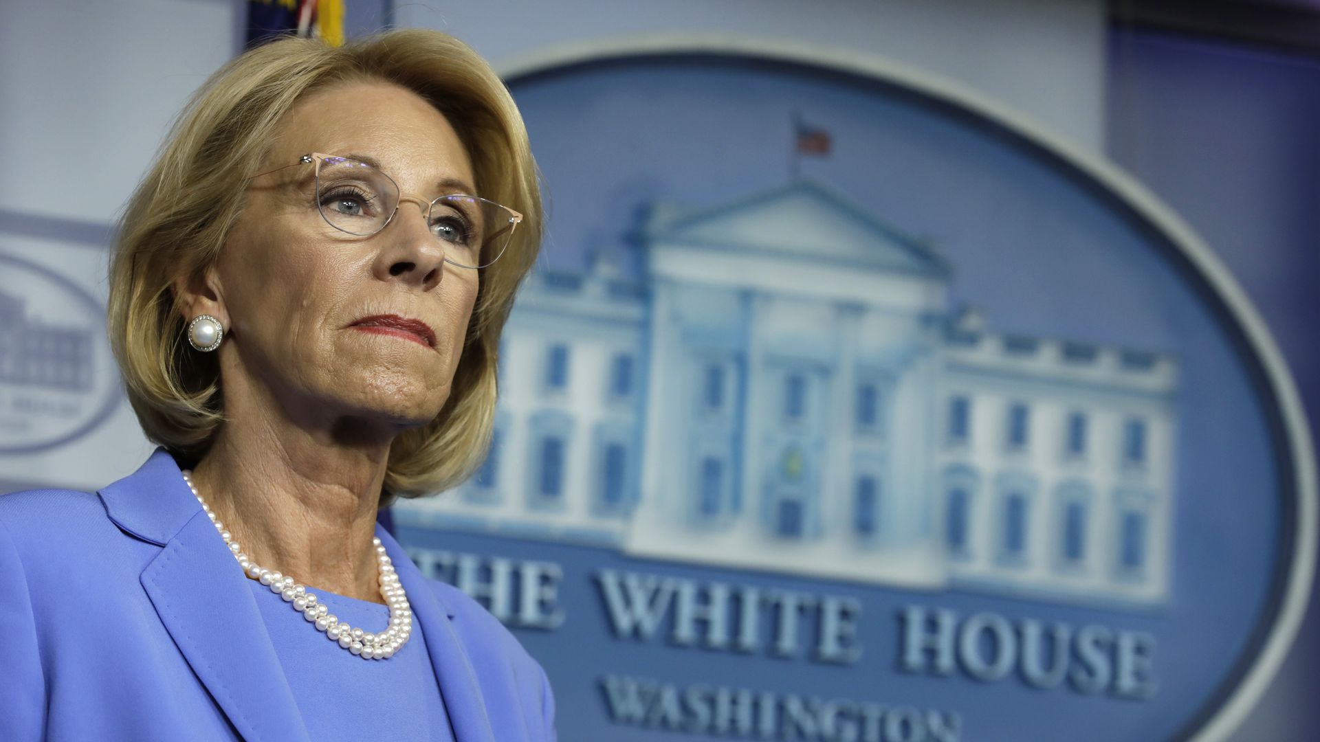 Betsy DeVos, U.S. secretary of education, listens during a Coronavirus Task Force news conference at the White House in Washington, D.C., U.S., on Friday, March 27, 2020. 