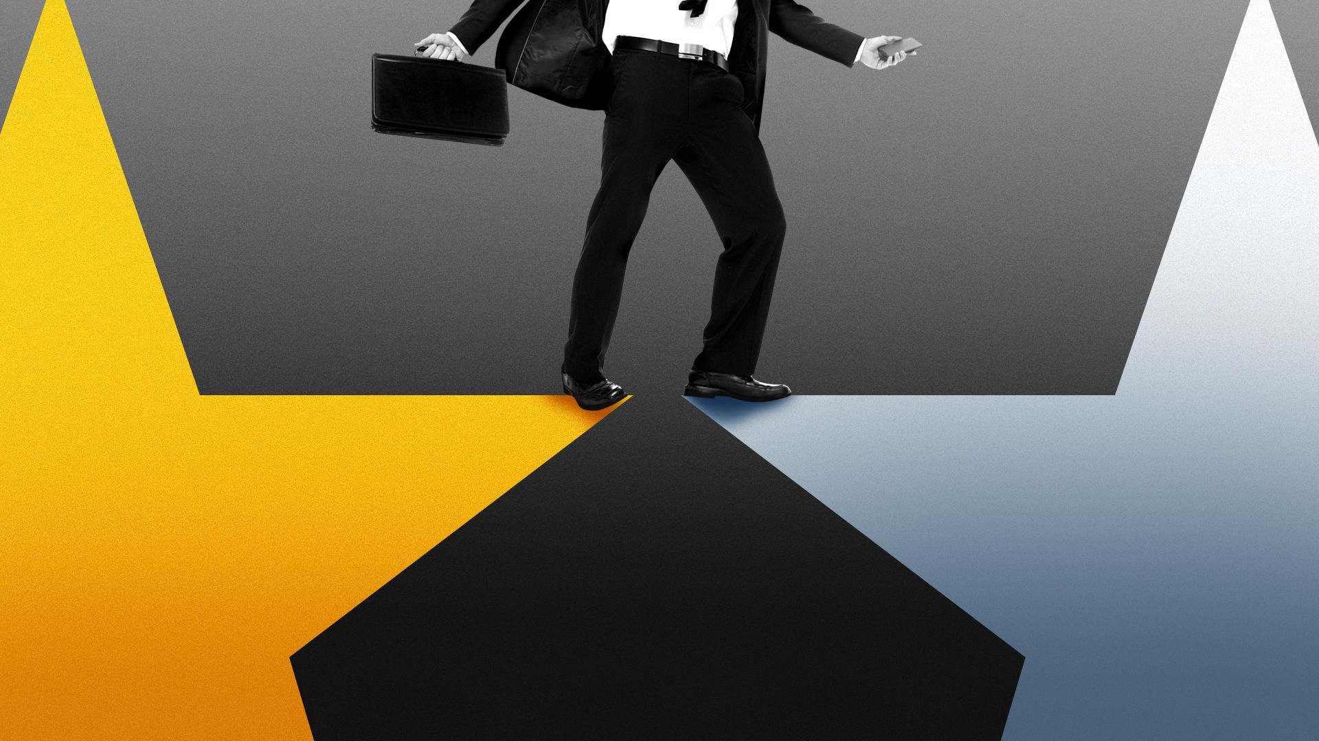 Illustration of a business person straddling a yellow star and a white star