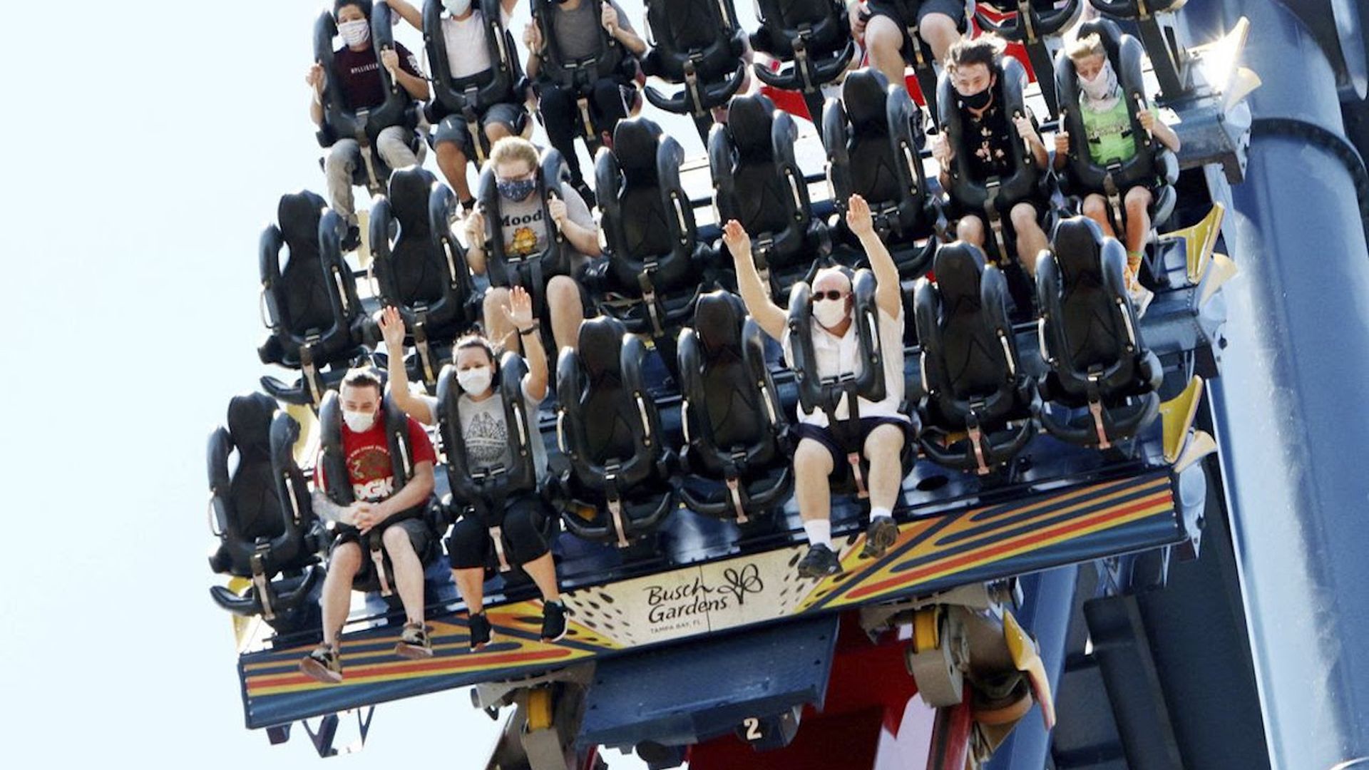 People wear masks and sit far apart from each other as they enjoy riding a roller coaster