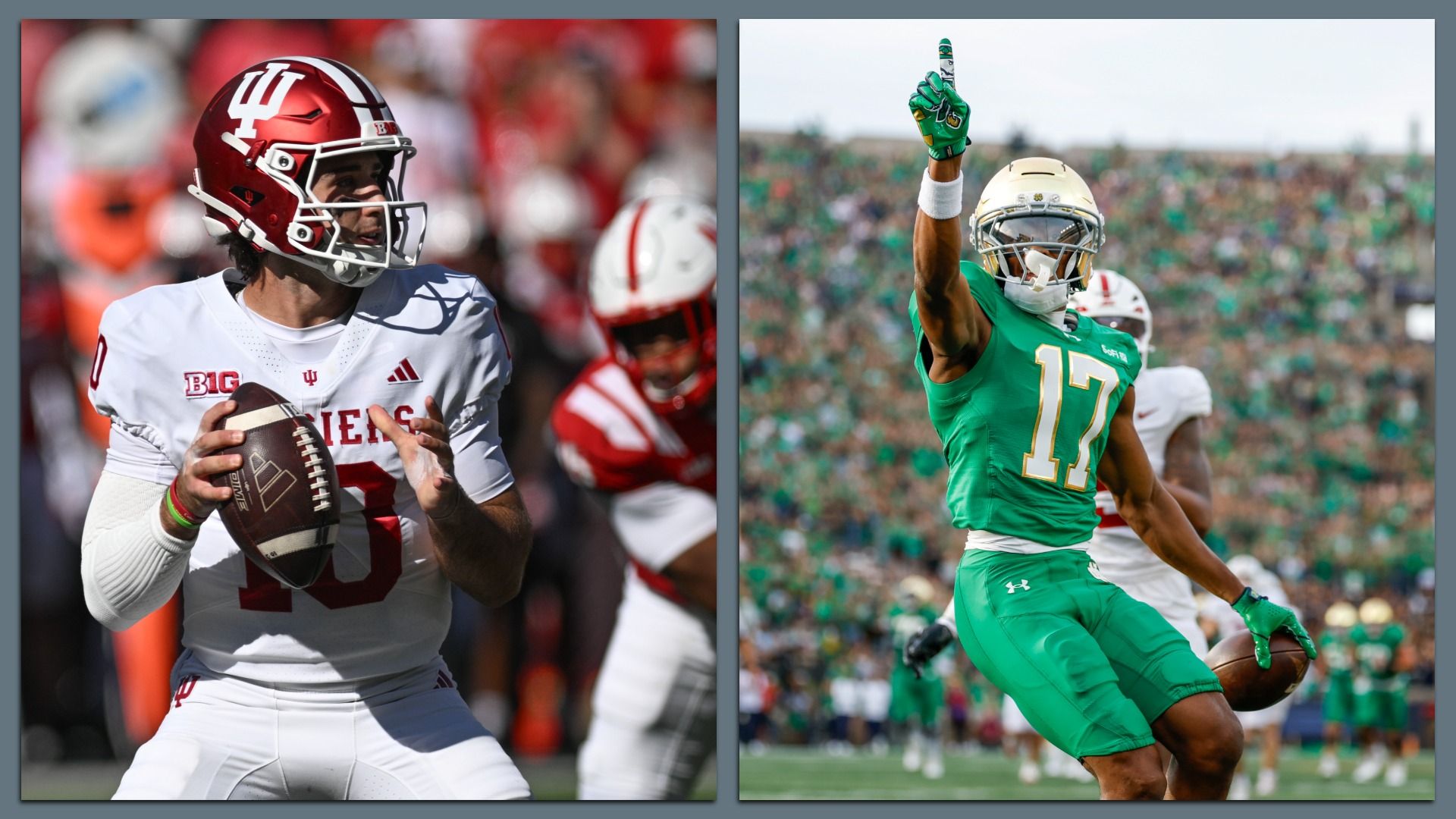 Josh Hoover #10 of the Indiana Hoosiers and Elijah Burress #17 of Notre Dame.