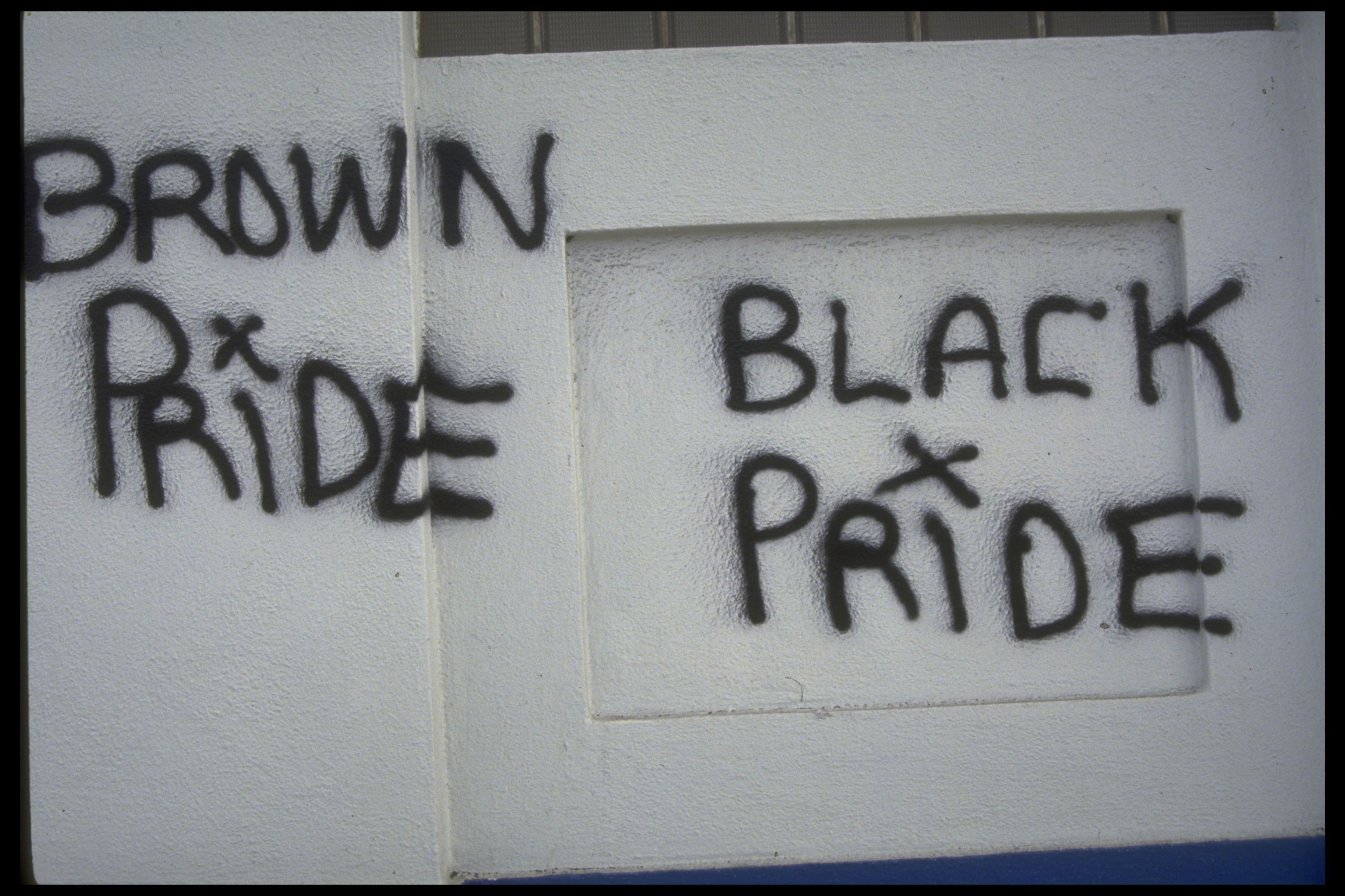 Graffiti on a wall in South Central Los Angeles reading "Brown Pride" and "Black Pride" after the rioting prompted by the not guilty verdict of police officers accused of beating Rodney King.