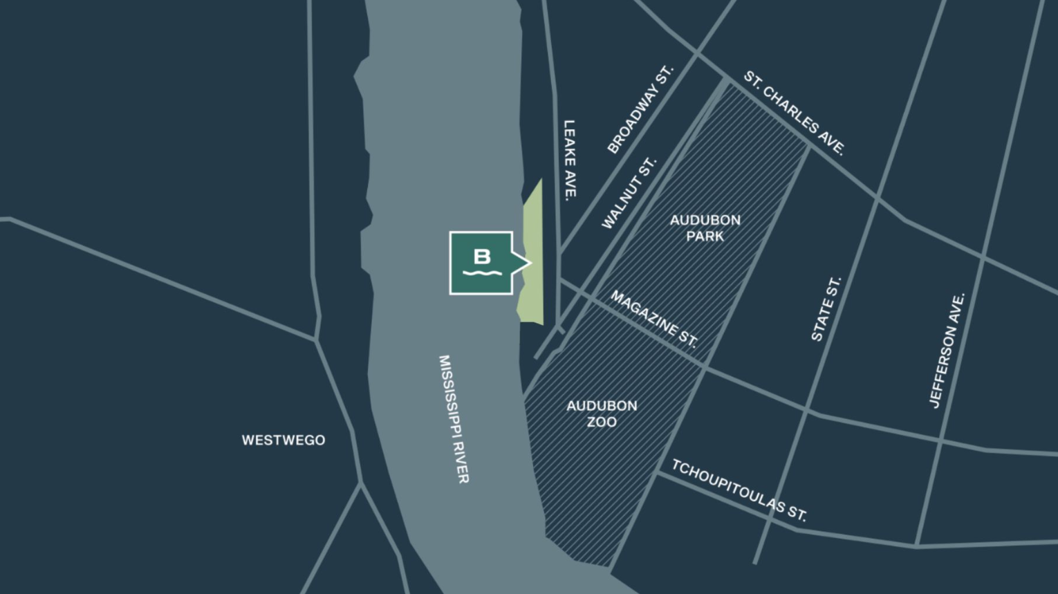 Image shows a map of the Batture just upriver of Audubon Zoo