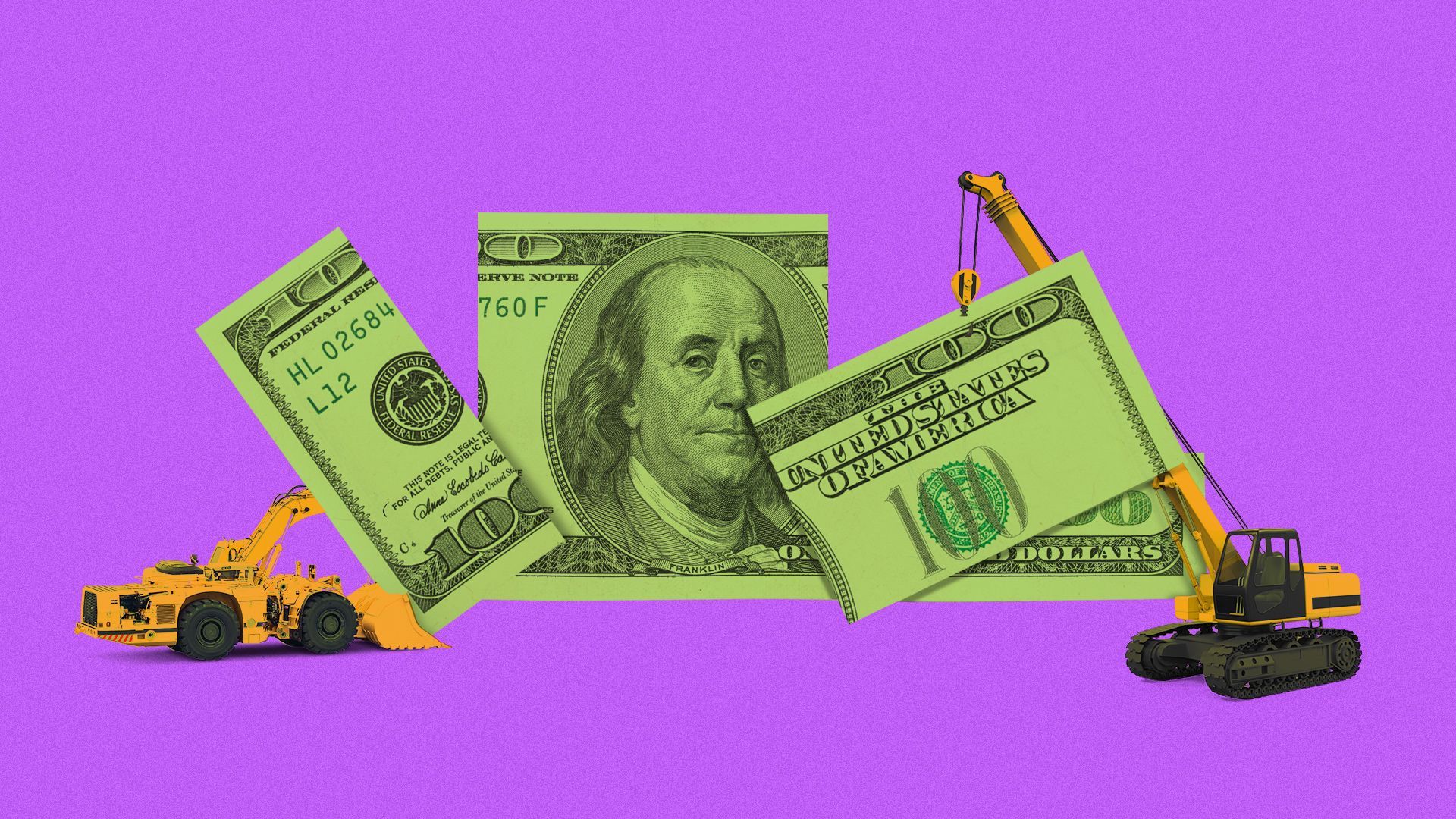 Illustration of a hundred dollar being built by construction vehicles.
