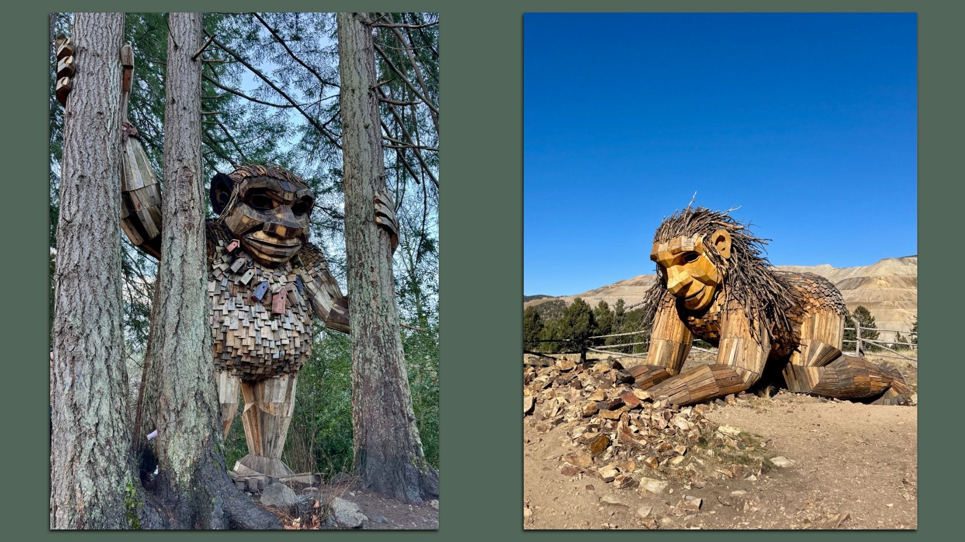 Two photos of wooden troll statues. One stands holding trees while wearing a necklace made of bird houses. Another is kneeling on a mountain ridge clutching rocks.