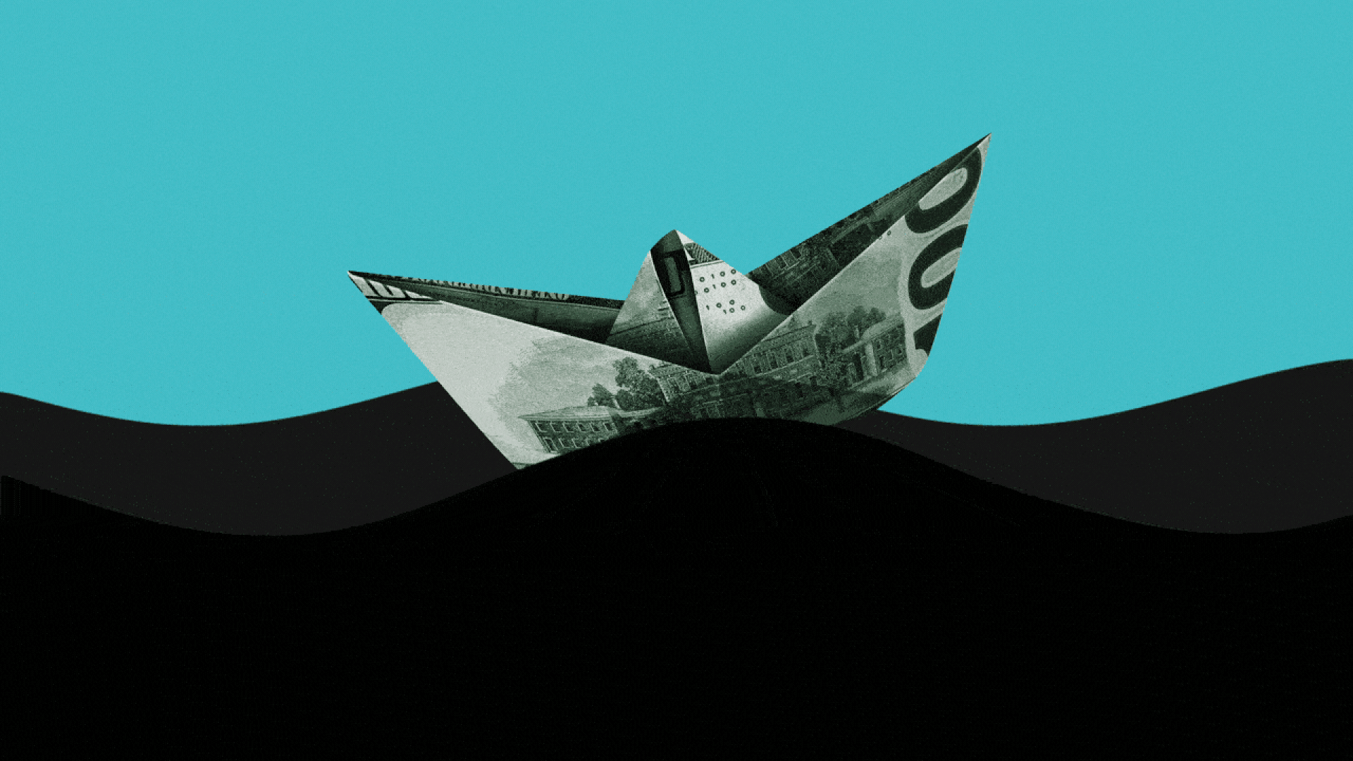 Illustration of an origami boat made of money riding waves of oil.