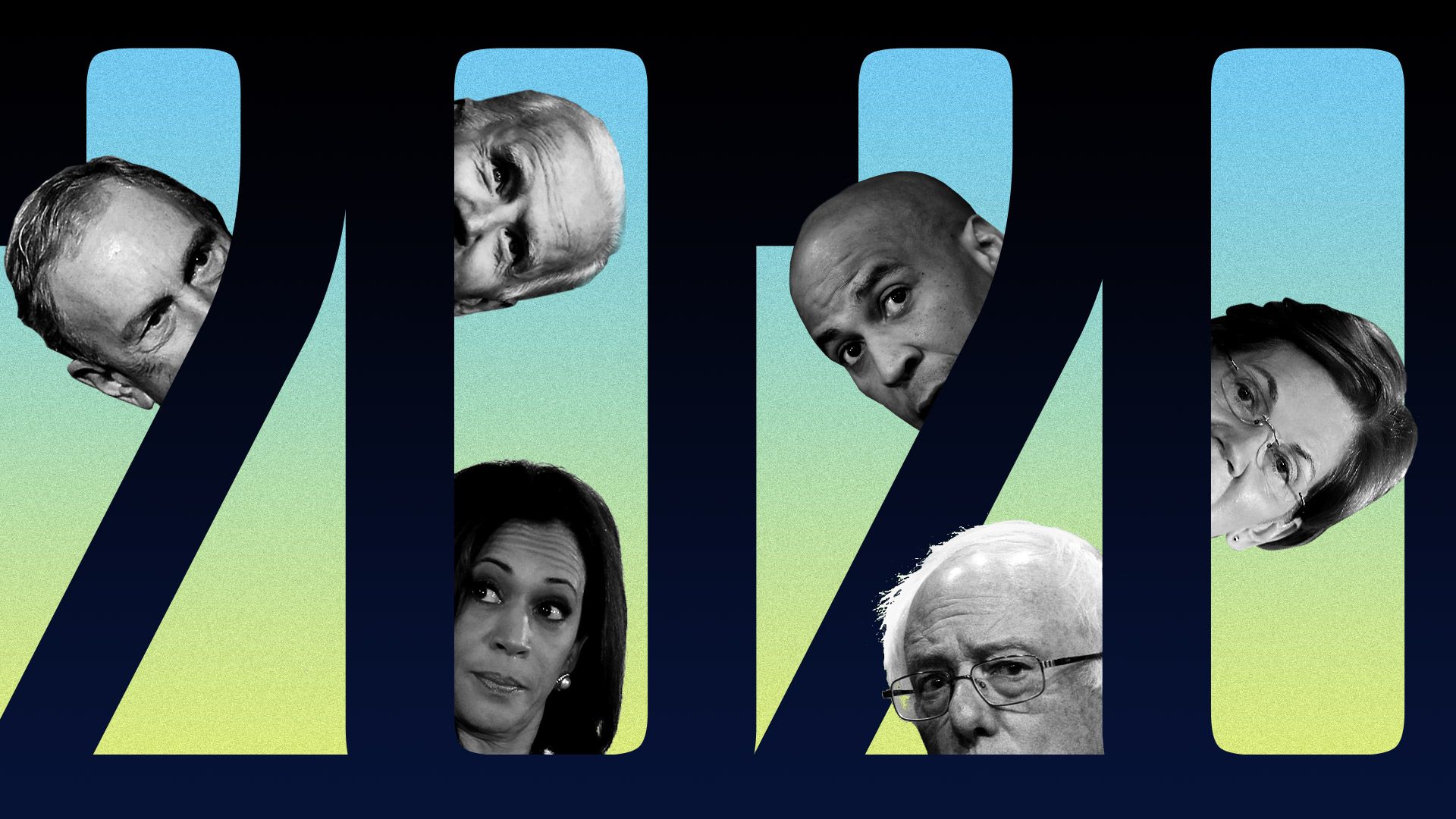 Potential 2020 democratic candidates peeking out from behind a 2020 sign