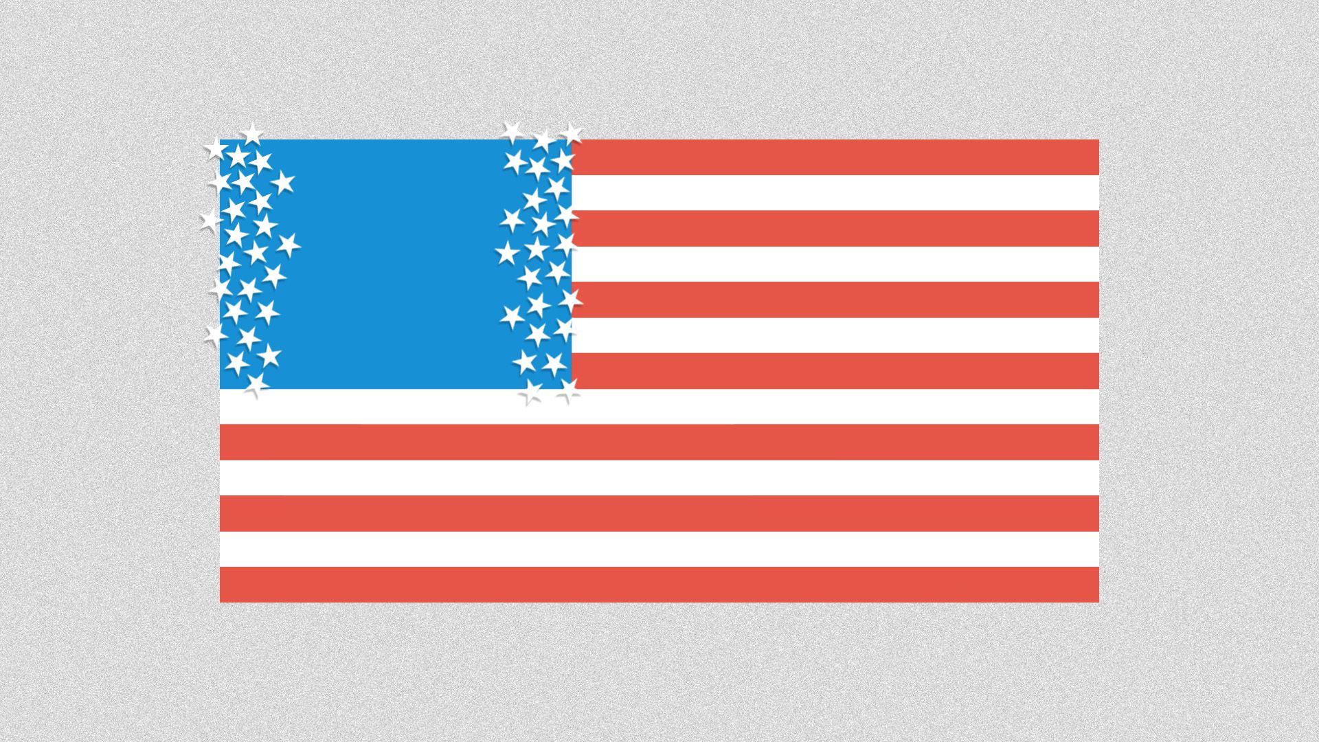 US flag with stars divided on either side of blue rectangle.