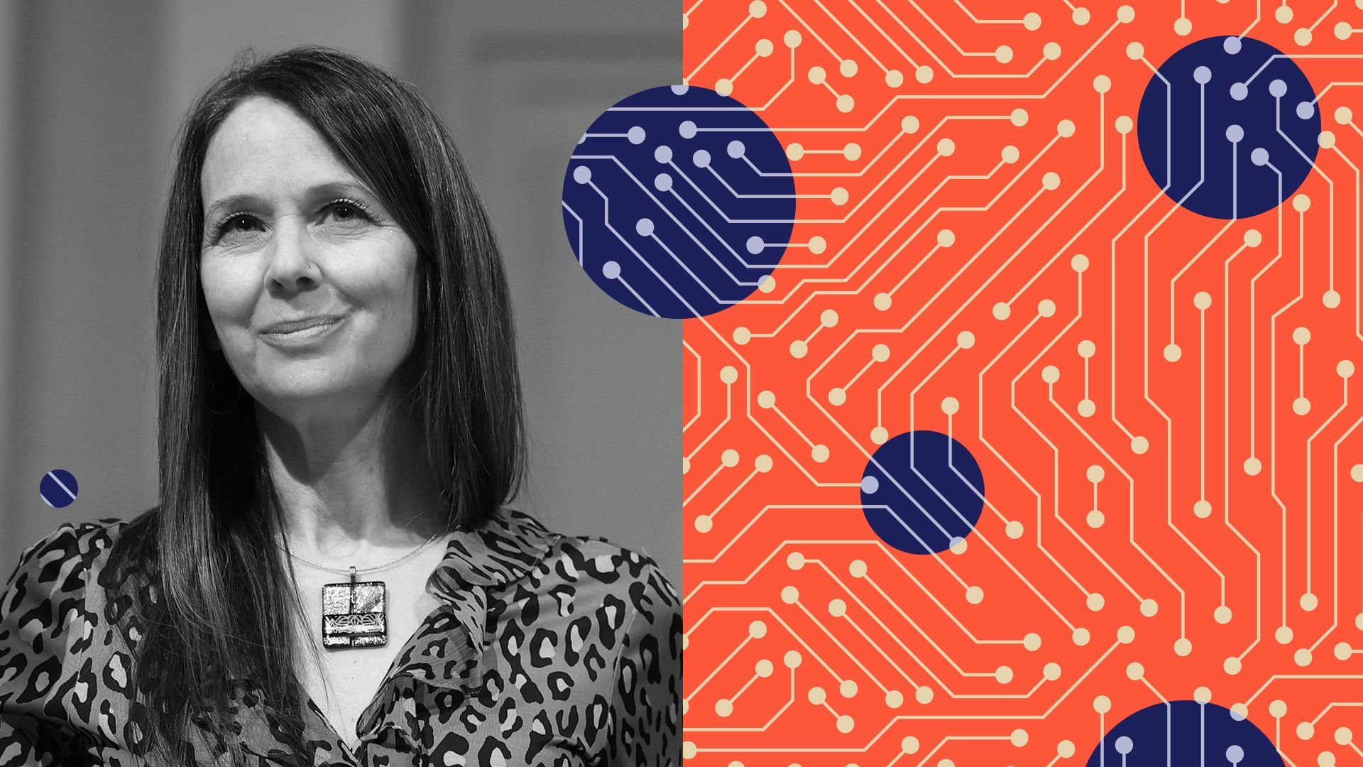 Photo illustration of Jen Easterly surrounded by an abstract circuit and circular pattern.