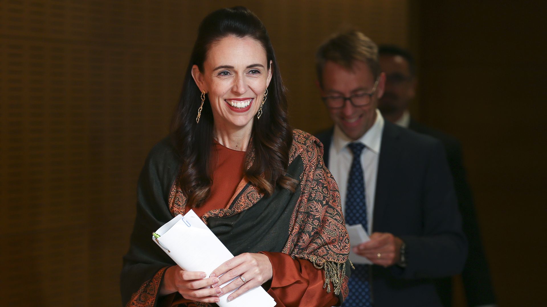 Prime Minister Jacinda Ardern arrives at a press conference at Parliament on February 17, 2021 in Wellington, New Zealand. 