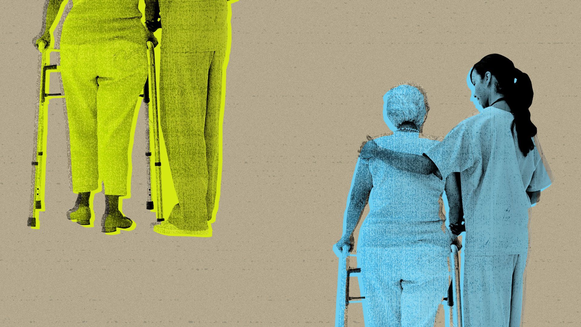Illustrated collage of a healthcare worker and a senior citizen.