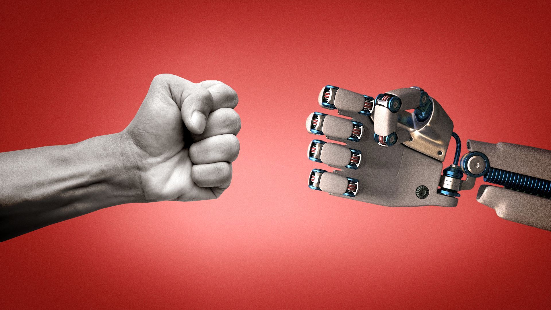 Illustration of a human fist and robot fist facing each other. 