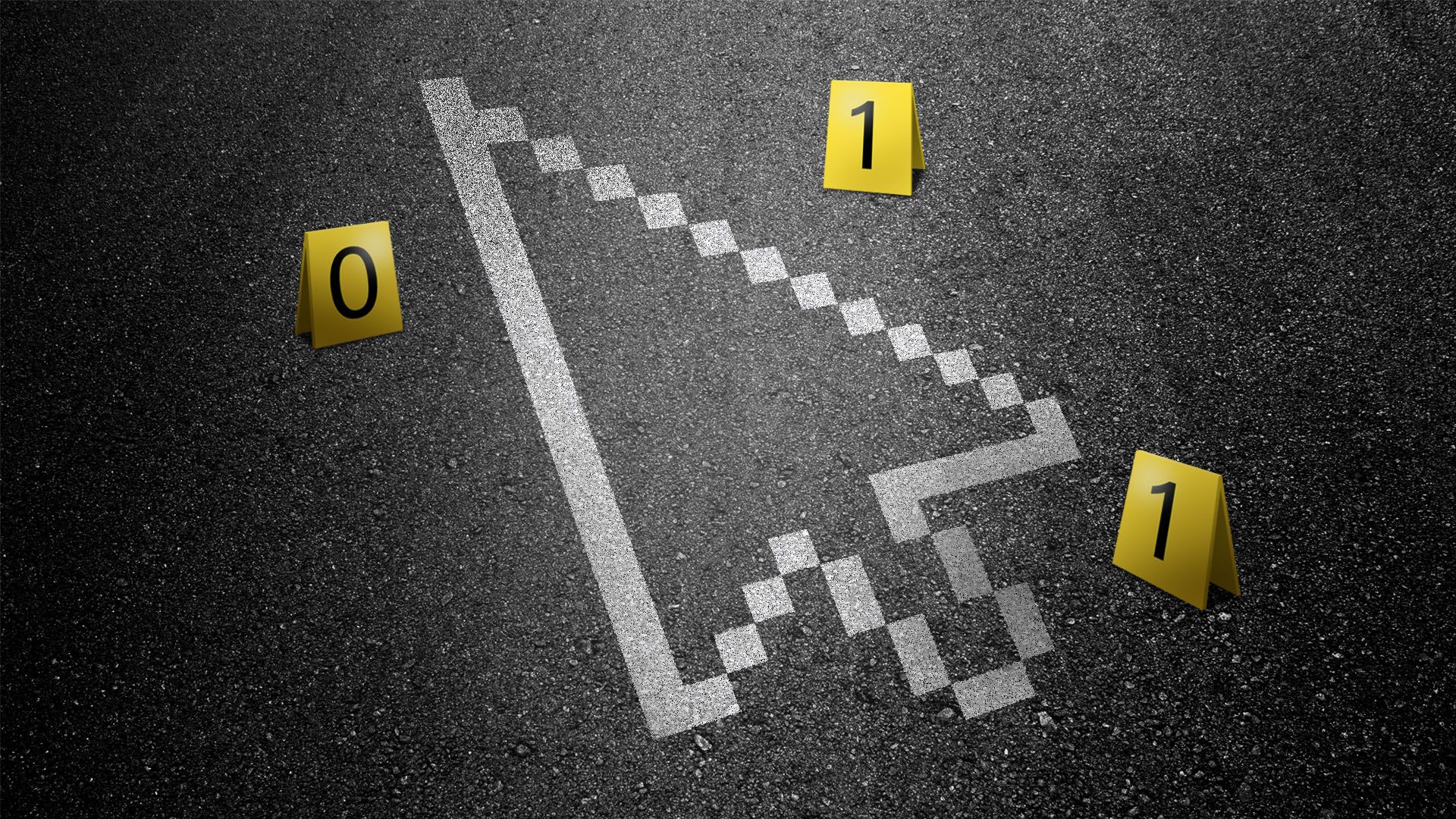 Illustration of a computer mouse cursor outlined in white on asphalt with three yellow evidence markers numbered 0 and 1, suggesting a crime scene involving digital elements.