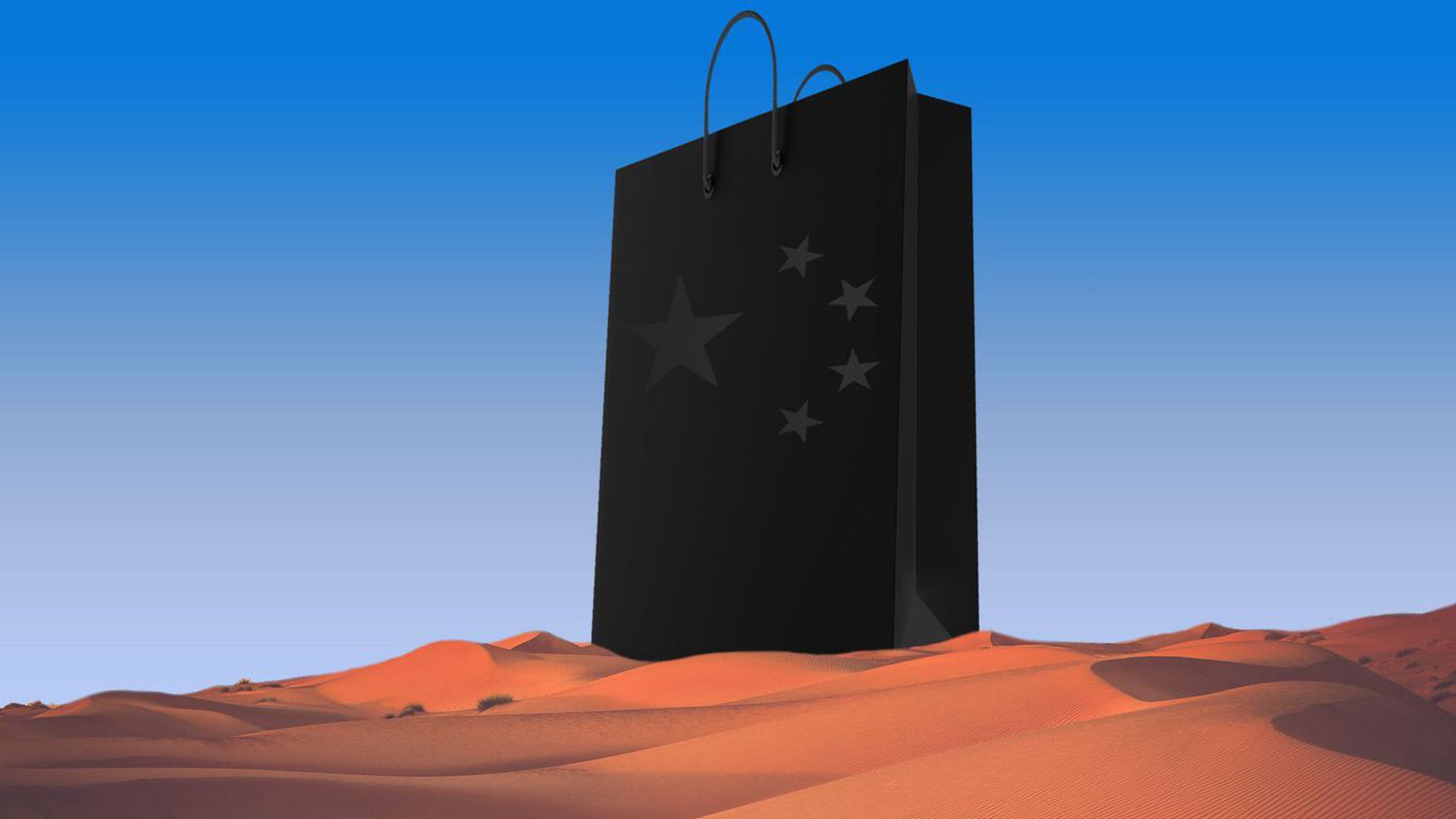 illustration of a black grocery bag with chinese stars on it in the middle of the desert
