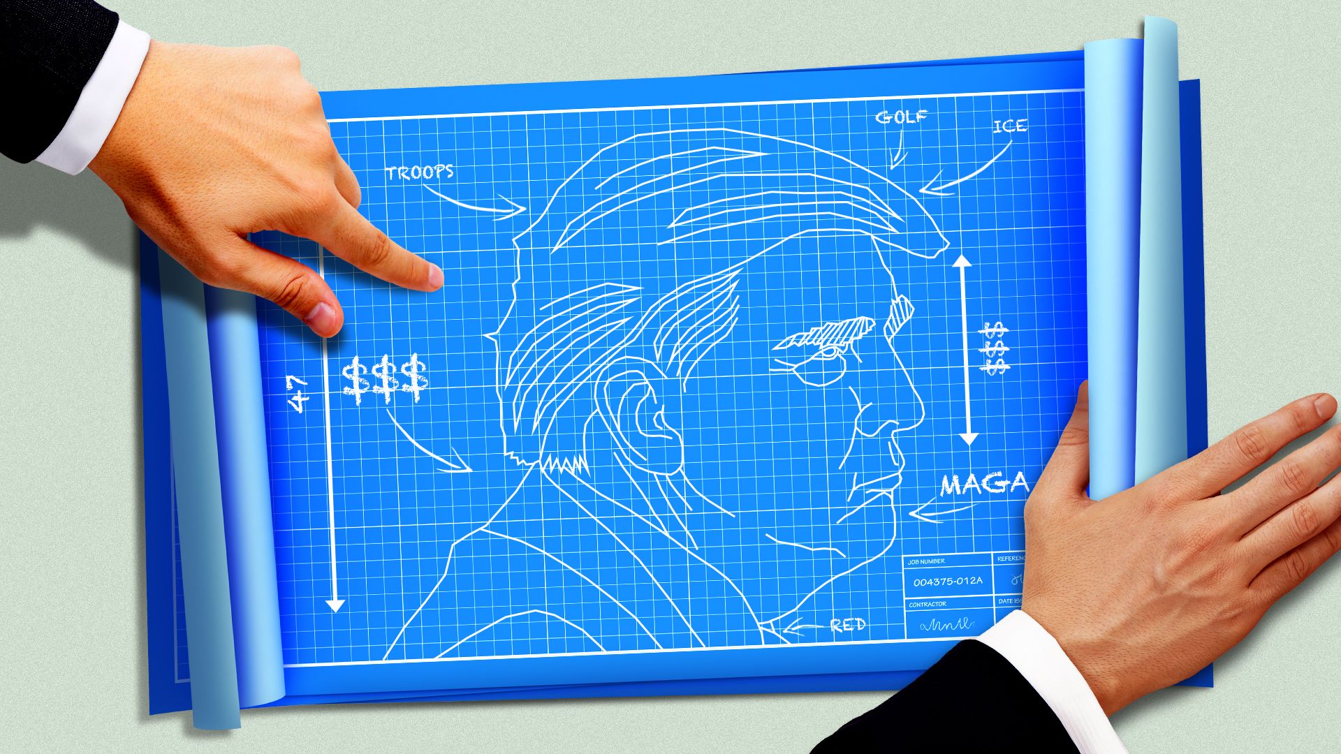 Illustration of two hands pointing at and rolling out an architectural blueprint with an image of President Donald Trump 