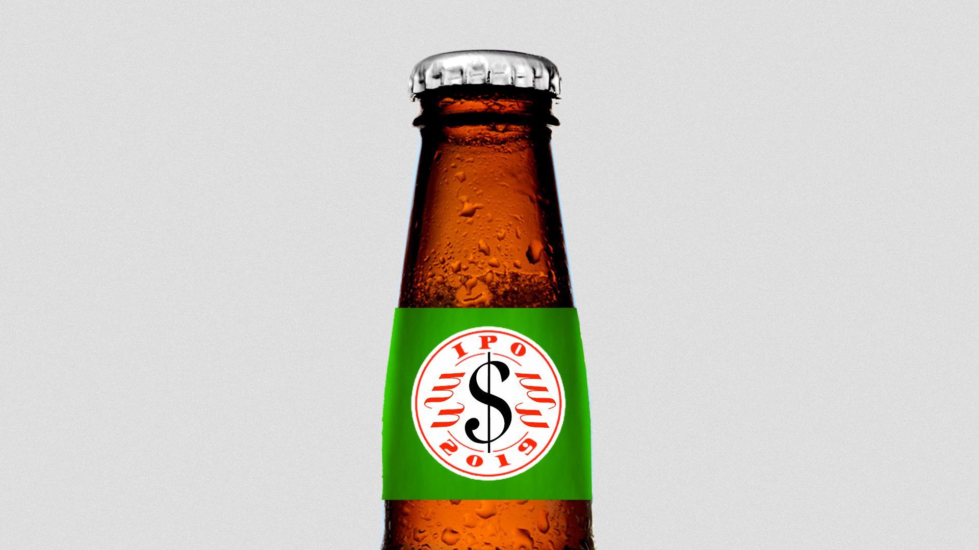 A mock bottle of an IPA beer with the logo reading IPO instead.