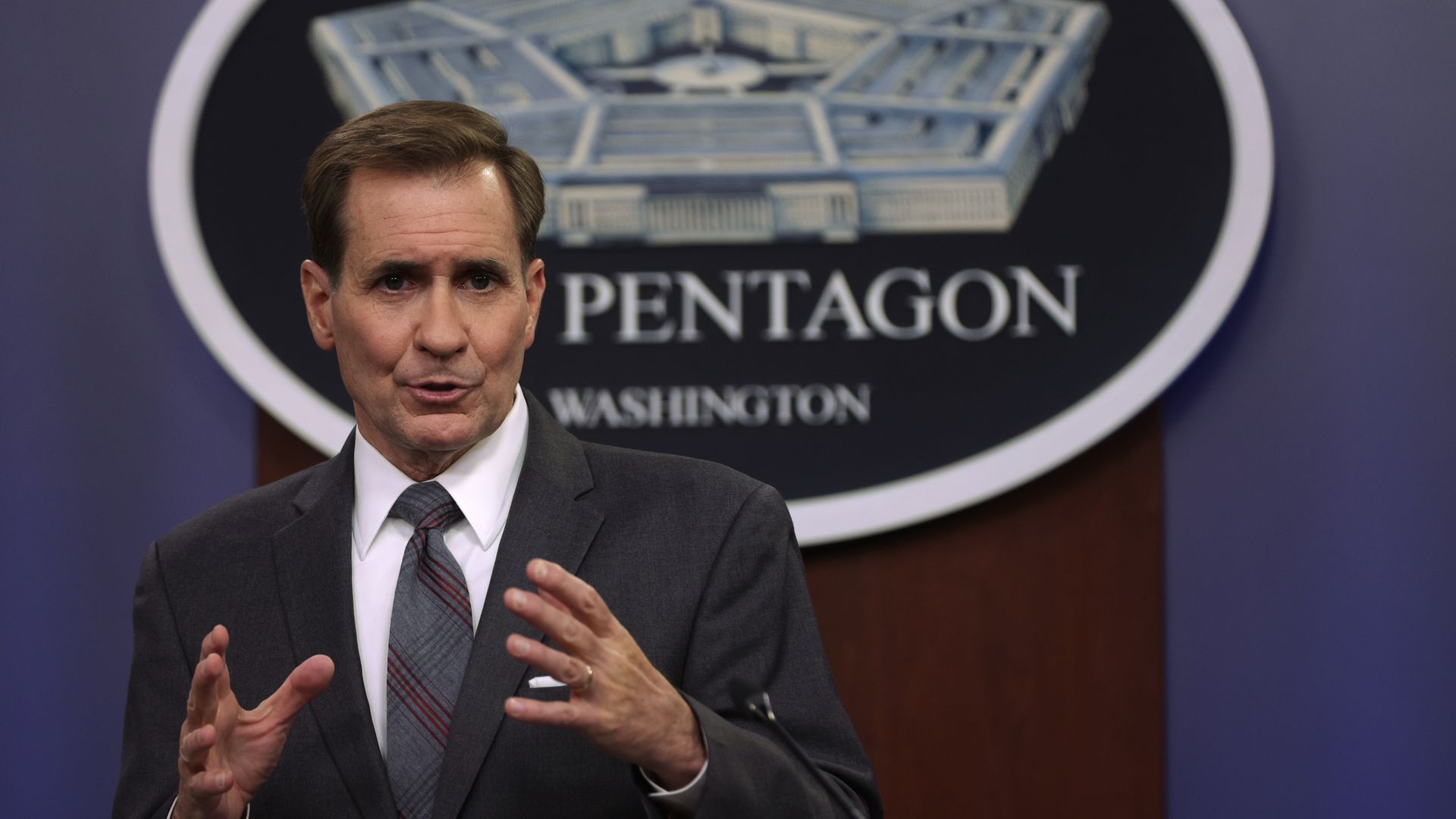 U.S. Department of Defense Press Secretary John Kirby participates in a news briefing at the Pentagon August 13, 2021