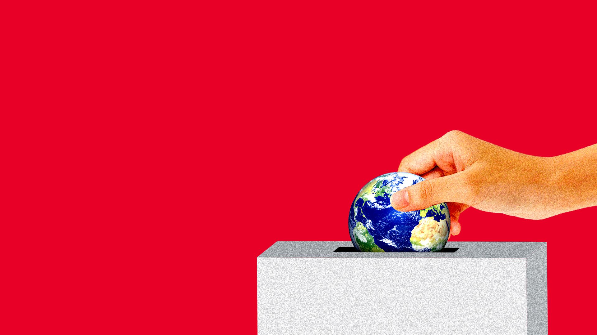 Hand puts in a mini Earth into ballot box.