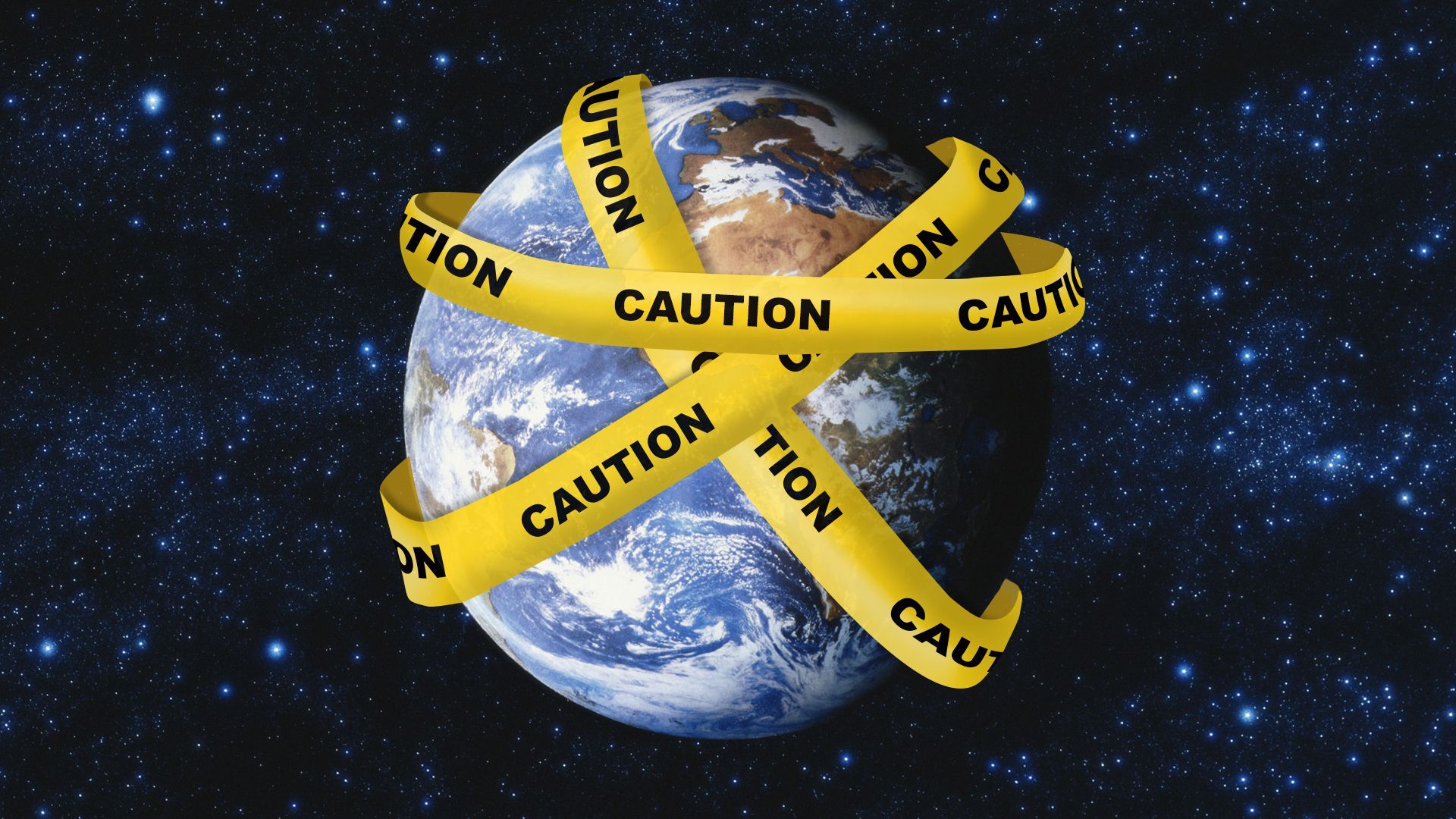 Illustration of Earth wrapped in caution tape. 