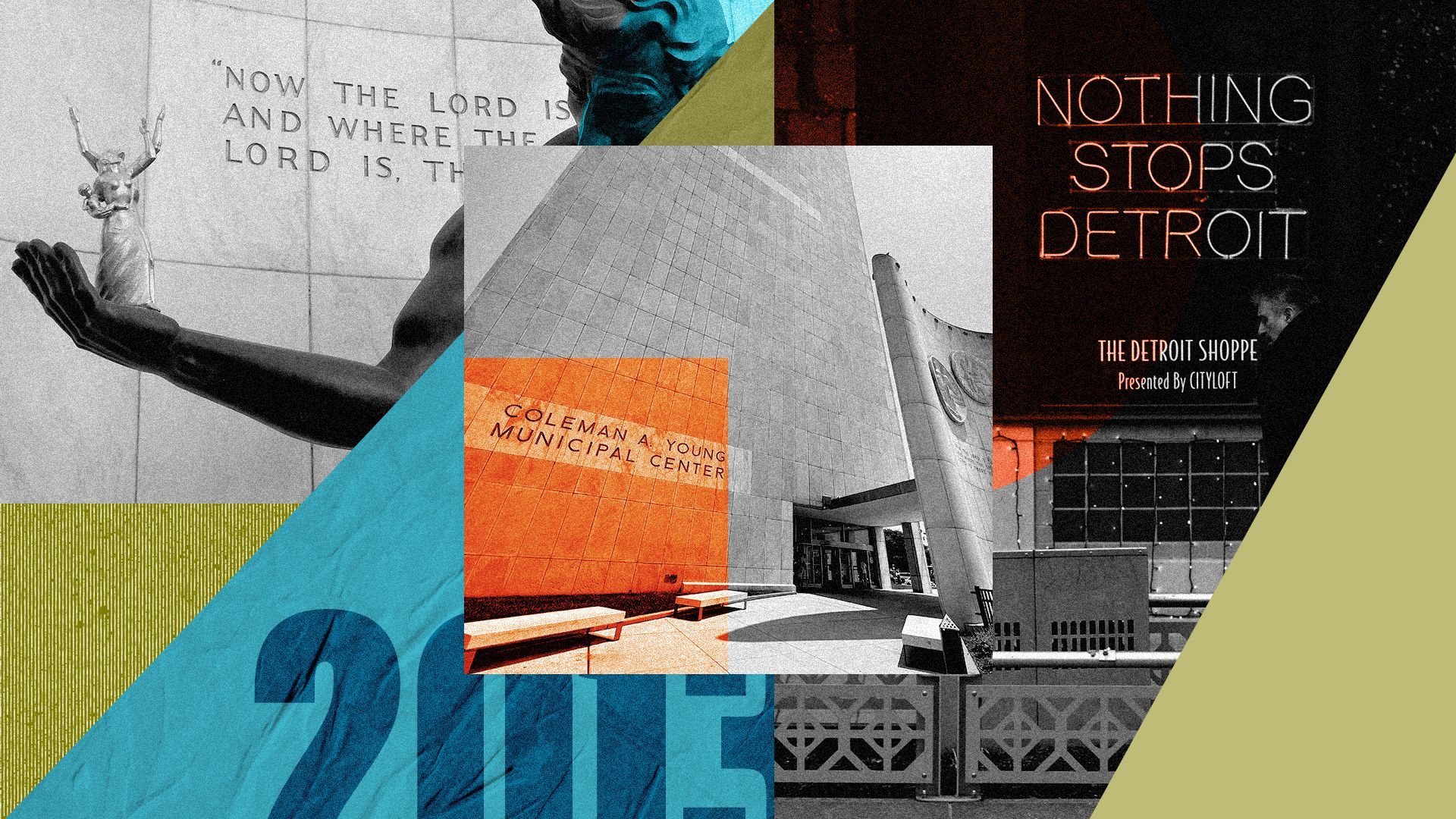 Photo illustration of the back of the Coleman A. Young Municipal Center with photos of a "Nothing Stops Detroit" sign, The Spirit of Detroit statue, and "2013" within geometric shapes.