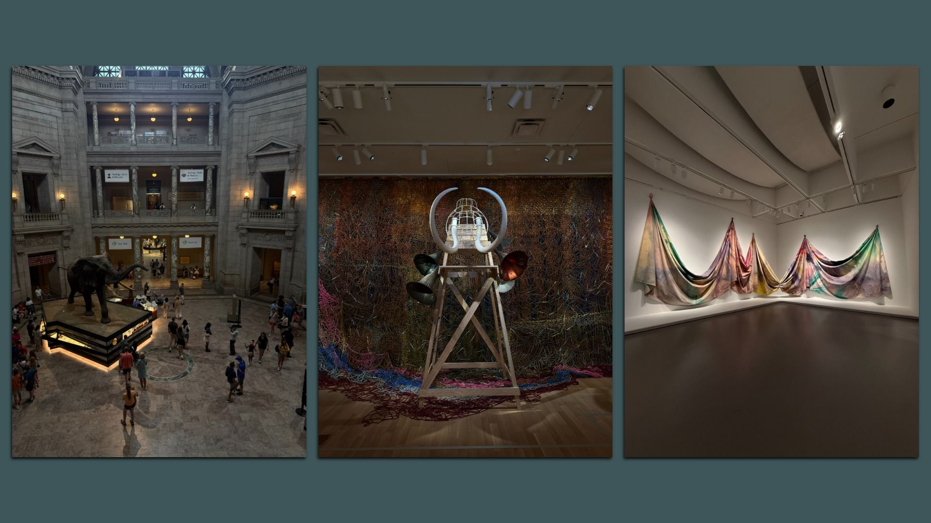 Triptych gallery: left shows atrium with elephant statue and visitors; center features a wooden frame with white rings and colorful threads; right displays flowing fabric along a white wall.