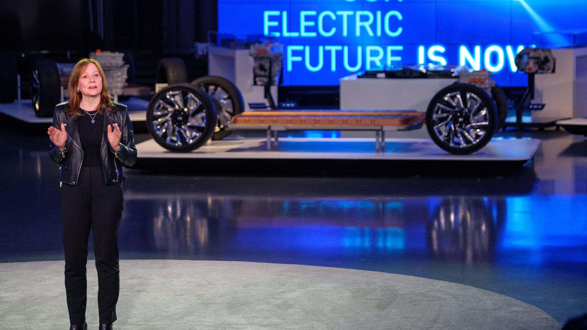 Image of GM CEO Mary Barra with the carmaker's EV platform. 