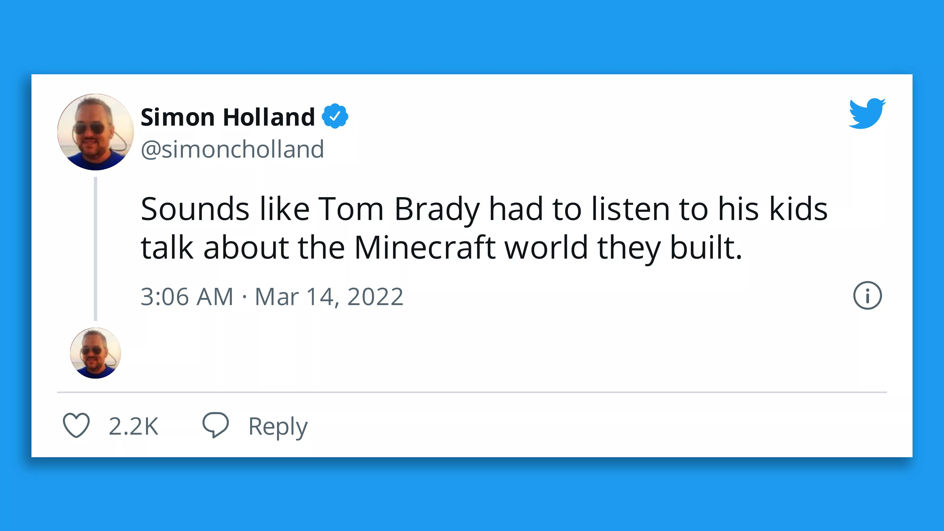 Screenshot of a tweet about Tom Brady having to listen to his kids talk about their Minecraft world
