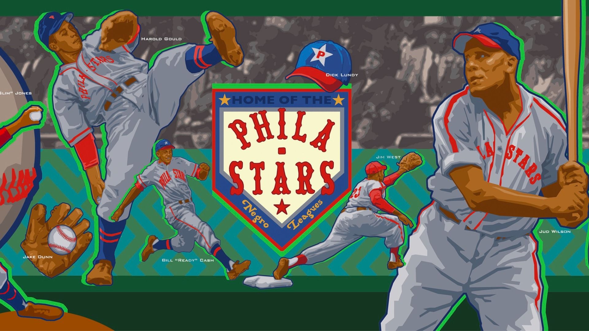 Cartoon collage of Negro Leagues players around a shield reading "PHILA STARS." Gray uniforms with red trim, blue caps, neon green outlines; batter on the right, pitcher mid-kick, glove and ball nearby.