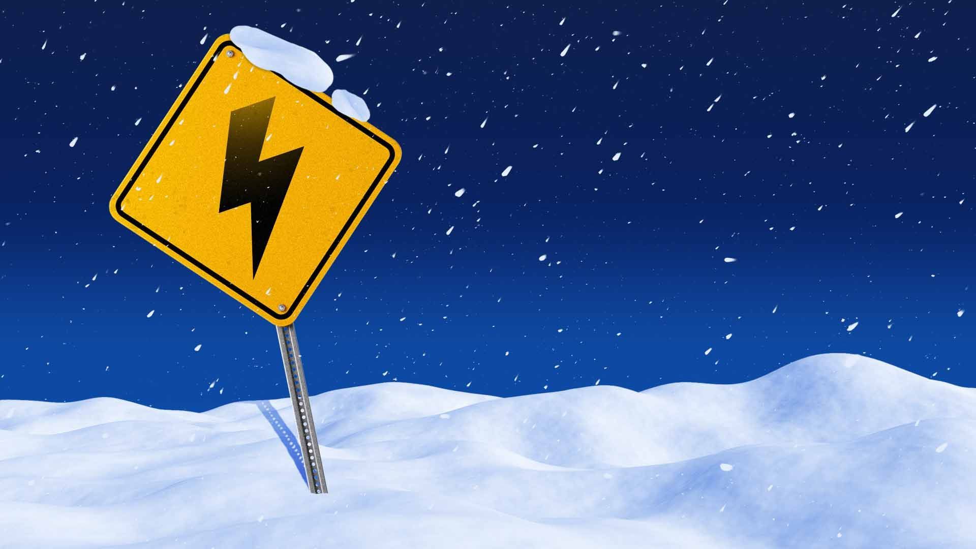 Illustration of a road sign with a lightning bolt in the middle in a snowstorm