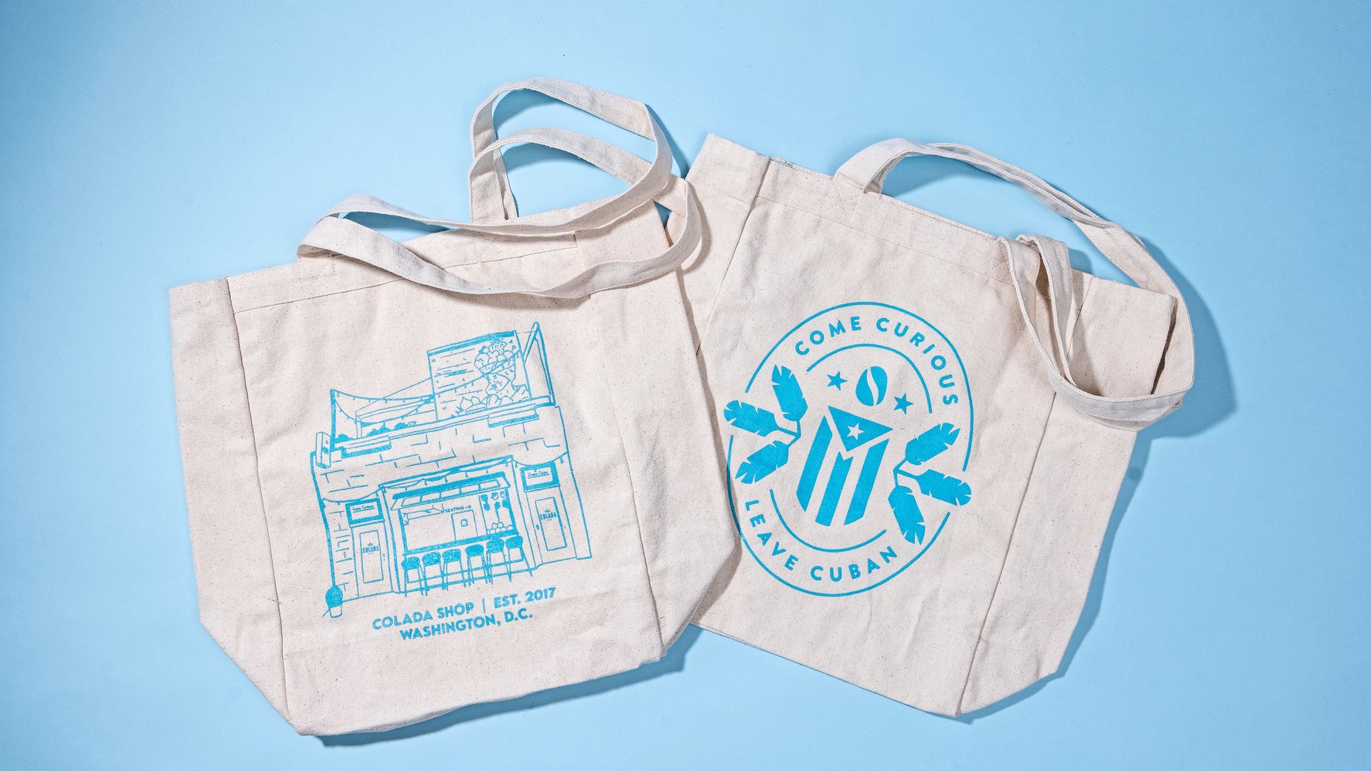 Two tote bags against a light blue background