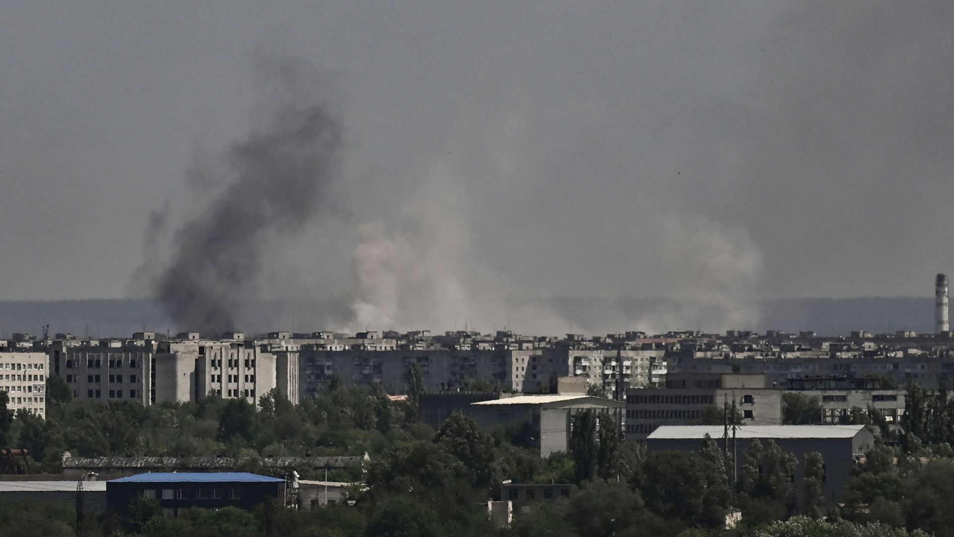 Smoke and dirt rise from the city of Severodonetsk, during shelling in the eastern Ukrainian region of Donbas, on May 26.