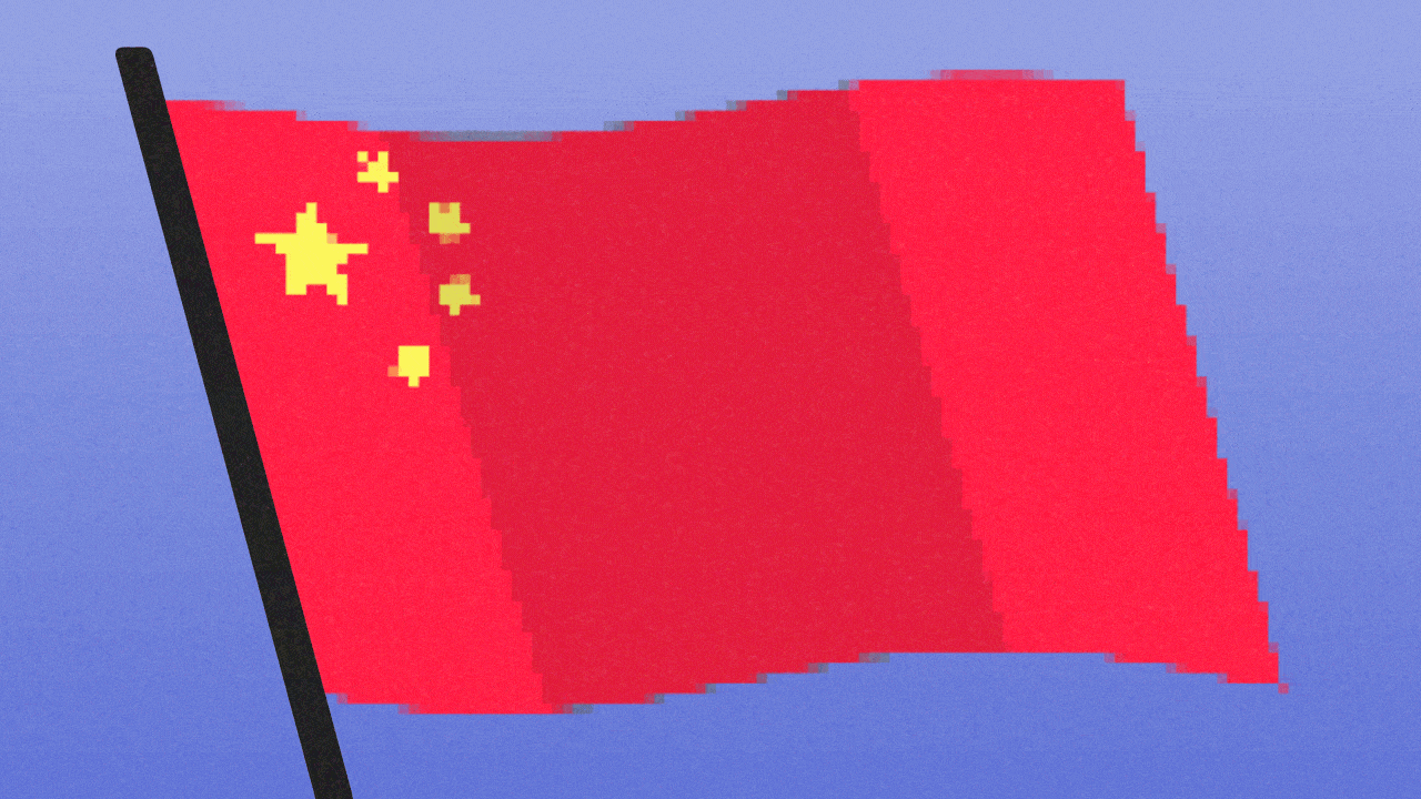 Animated illustration of a pixelated China flag changing into a pixelated Singapore flag.