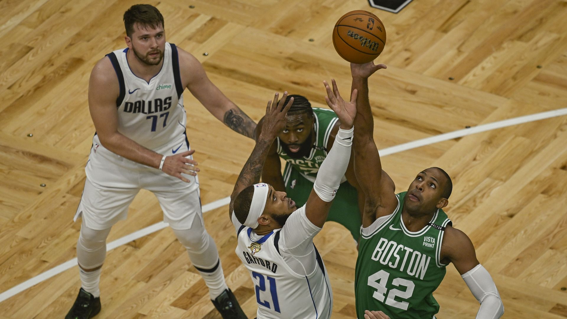 A photo of Luka Doncic and the Mavs playing the Boston Celtics during the 2024 NBA Finals