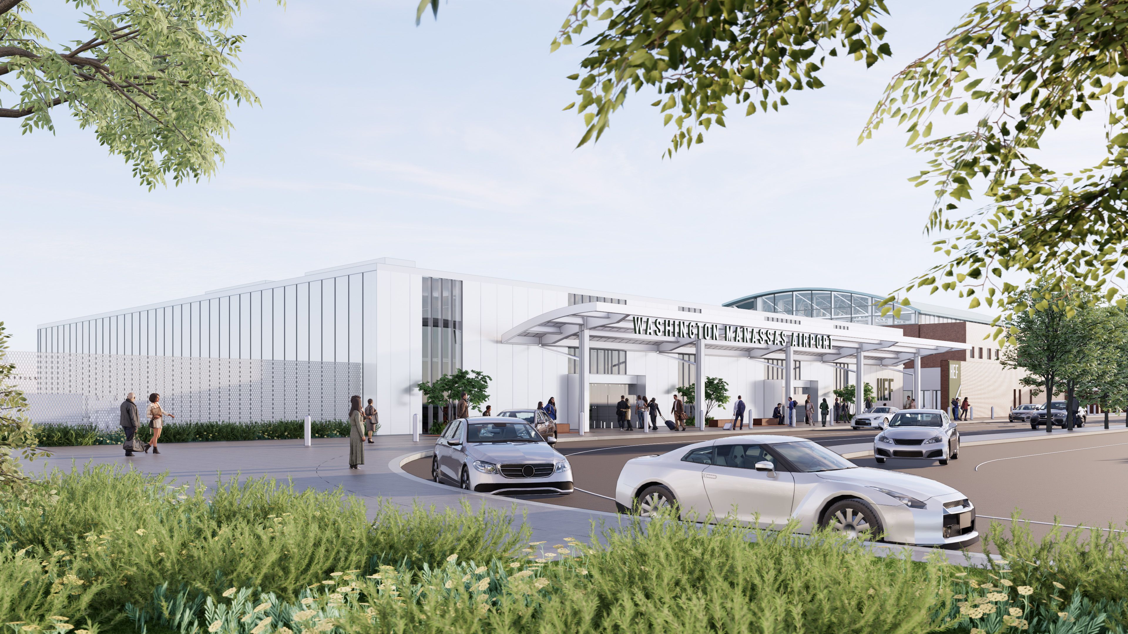 Modern airport terminal labeled "Washington Manassas Airport" featuring a glass facade, curved canopy, and people arriving. Cars drive up as lush greenery and trees frame the scene.